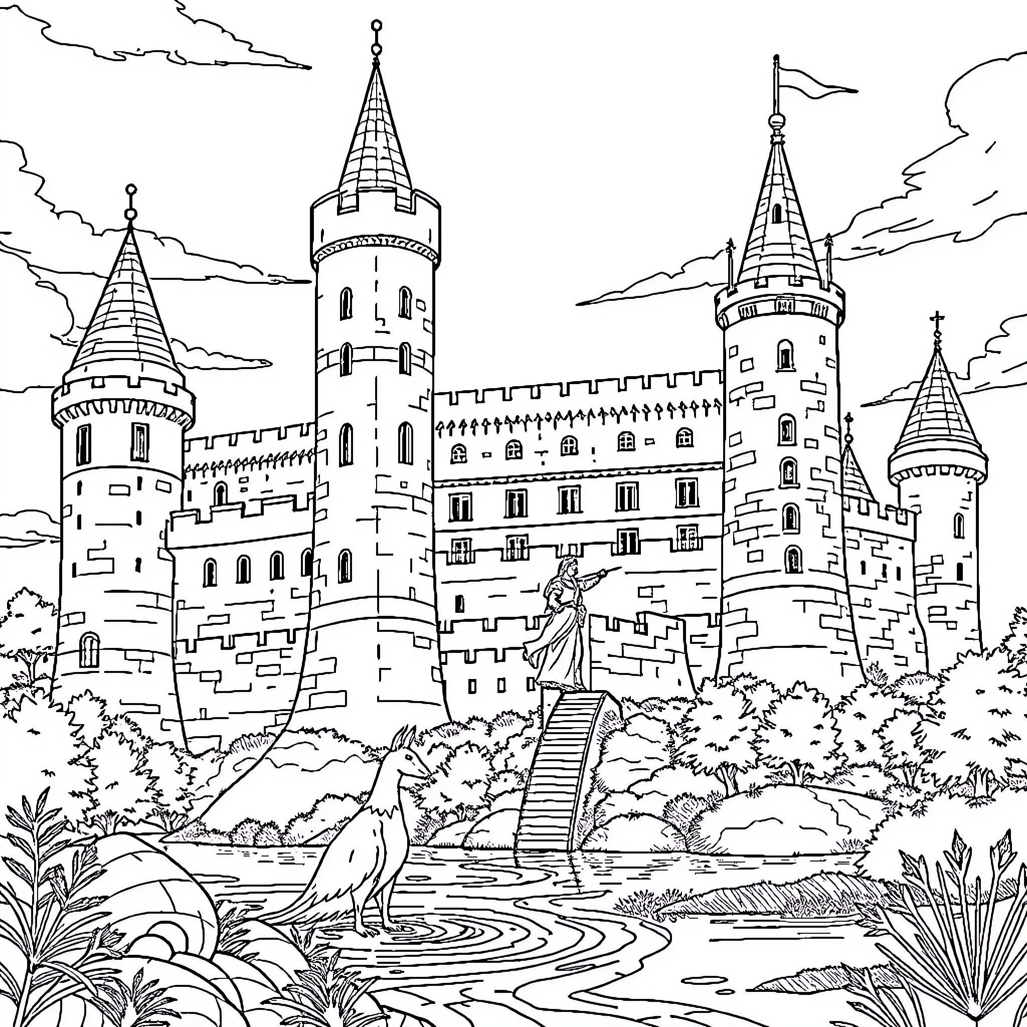 Mermaid swimming near a majestic castle Coloring Page (free black-and-white line drawing printable PDF for all, from beginners to advanced learners, including children, teens, adults, and seniors)