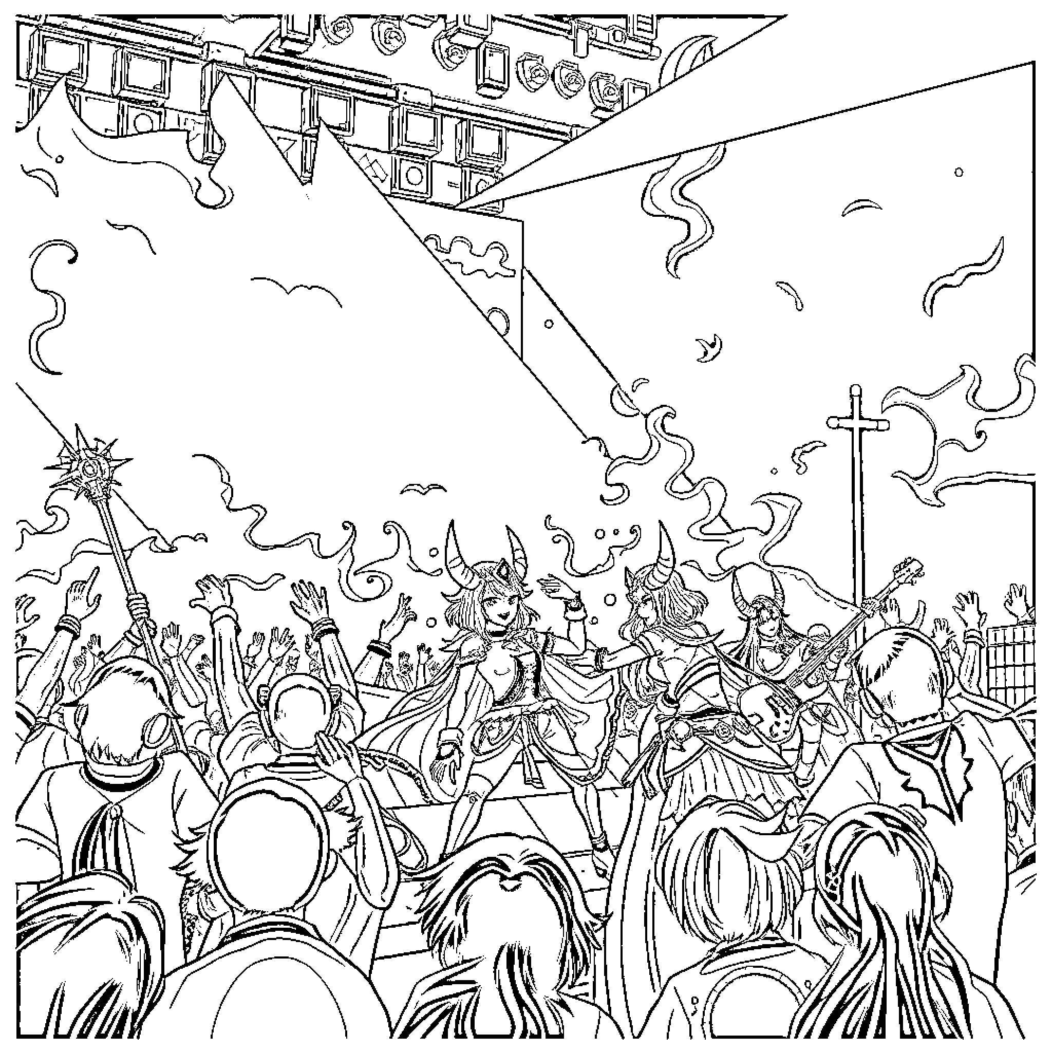 Demon Hunter's Chaotic Battle Against Demonic Hordes Coloring Page (free black-and-white line drawing printable PDF for all, from beginners to advanced learners, including children, teens, adults, and seniors)