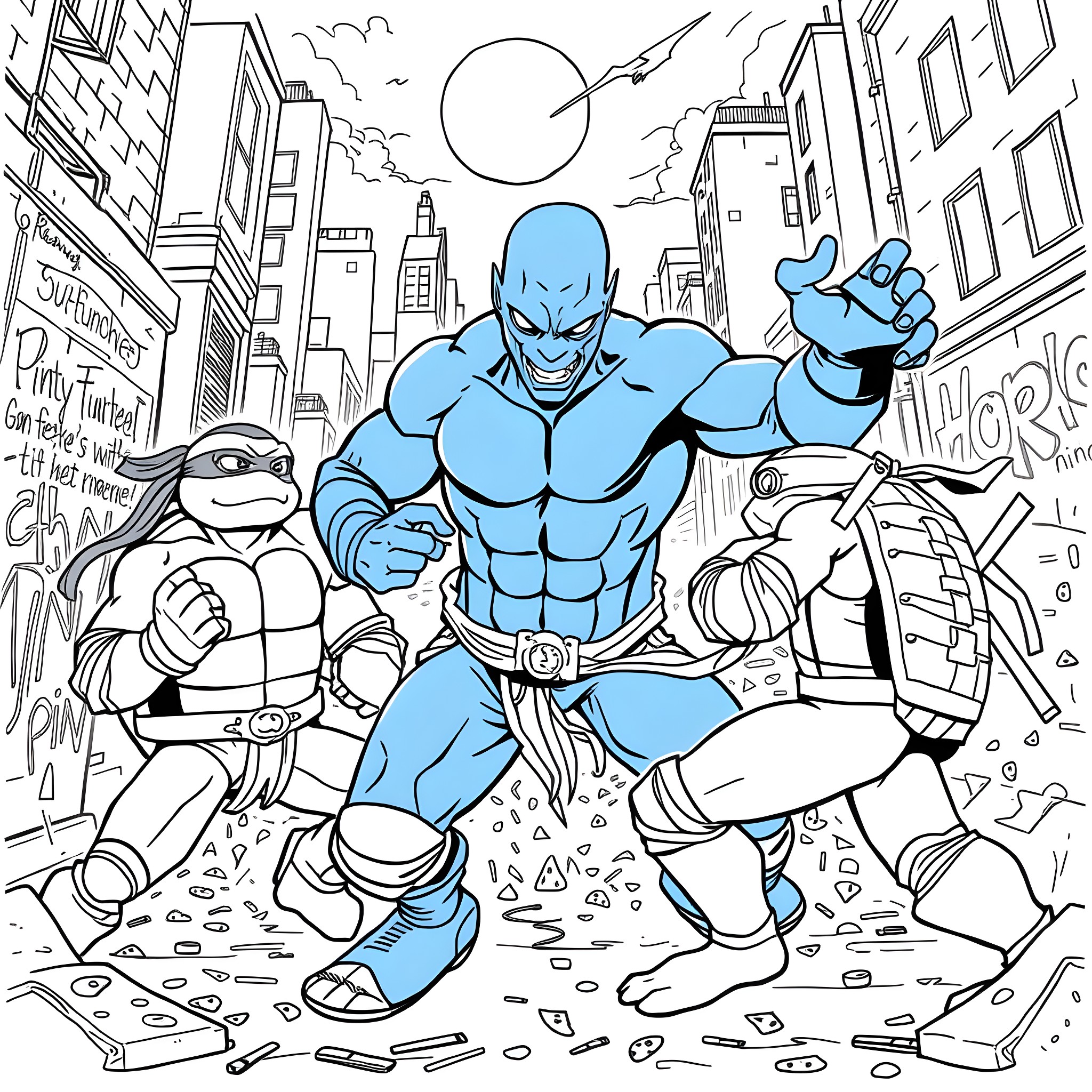 Blue Superheroes Battling in the City Streets Coloring Page (free black-and-white line drawing printable PDF for all, from beginners to advanced learners, including children, teens, adults, and seniors)