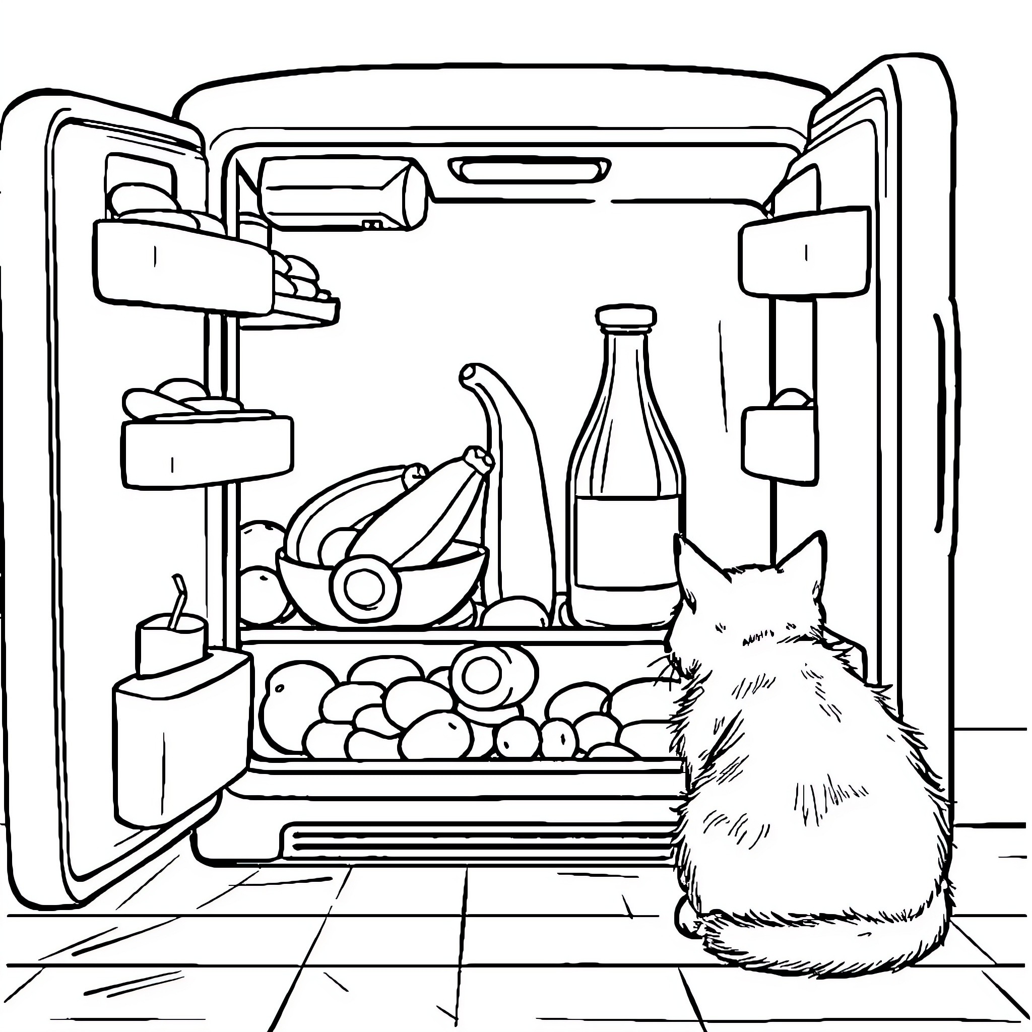 Chat about a curious cat exploring the refrigerator Coloring Page (free black-and-white line drawing printable PDF for all, from beginners to advanced learners, including children, teens, adults, and seniors)