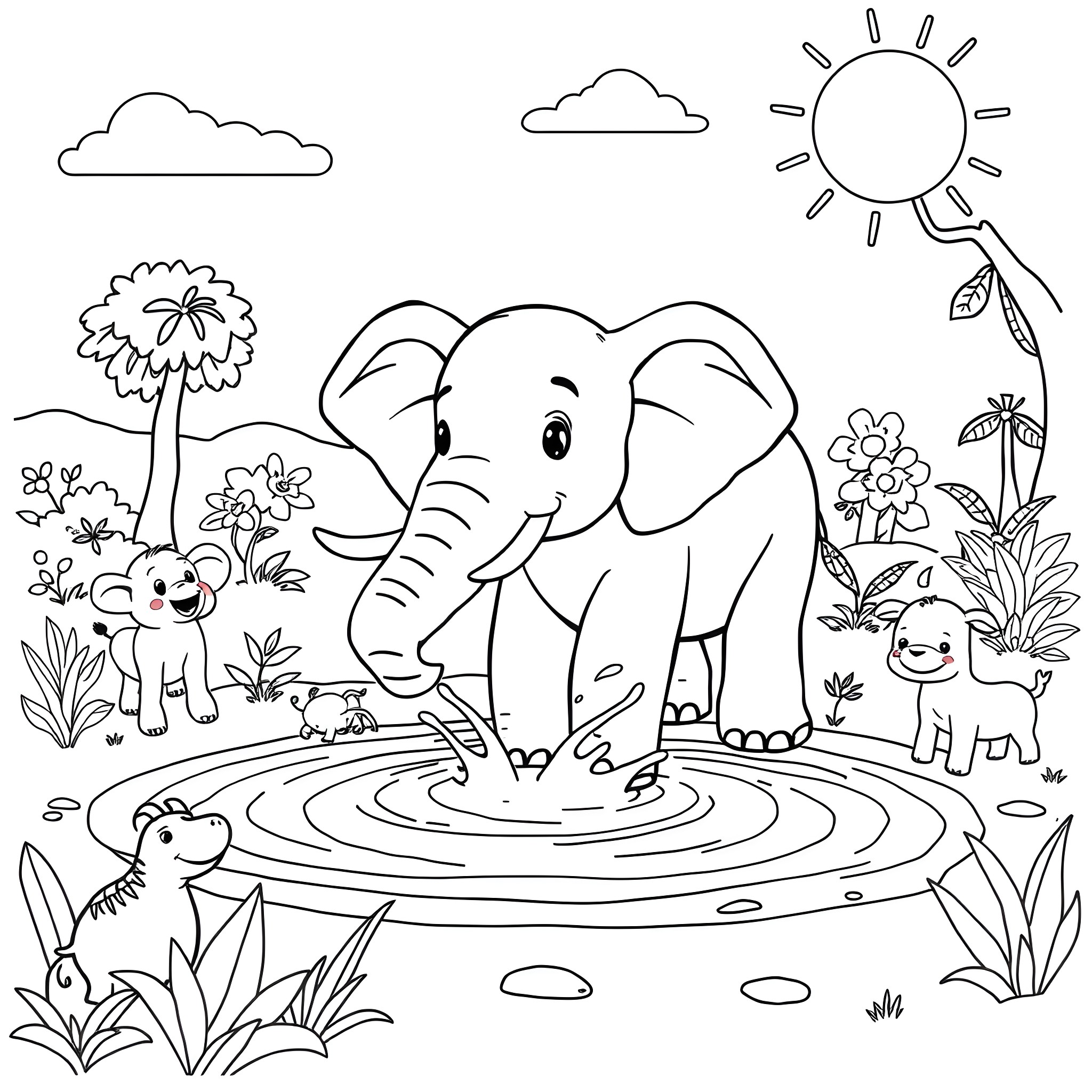 Elephant enjoying a sunny day in the nature Coloring Page (free black-and-white line drawing printable PDF for all, from beginners to advanced learners, including children, teens, adults, and seniors)