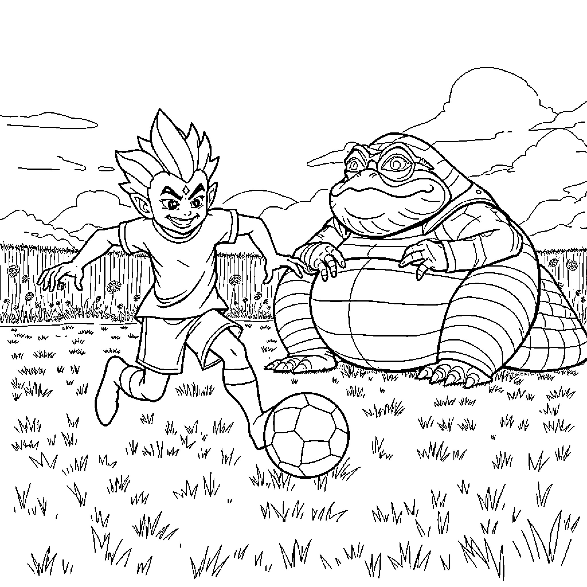 Hisoka playing soccer with a large creature Coloring Page (free black-and-white line drawing printable PDF for all, from beginners to advanced learners, including children, teens, adults, and seniors)