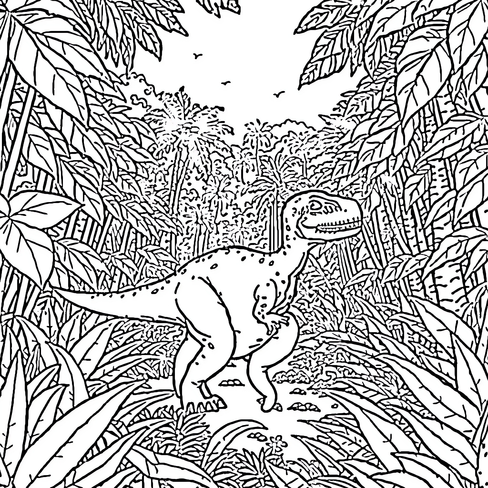 Dinosaur roaming through lush jungle vegetation Coloring Page (free black-and-white line drawing printable PDF for all, from beginners to advanced learners, including children, teens, adults, and seniors)