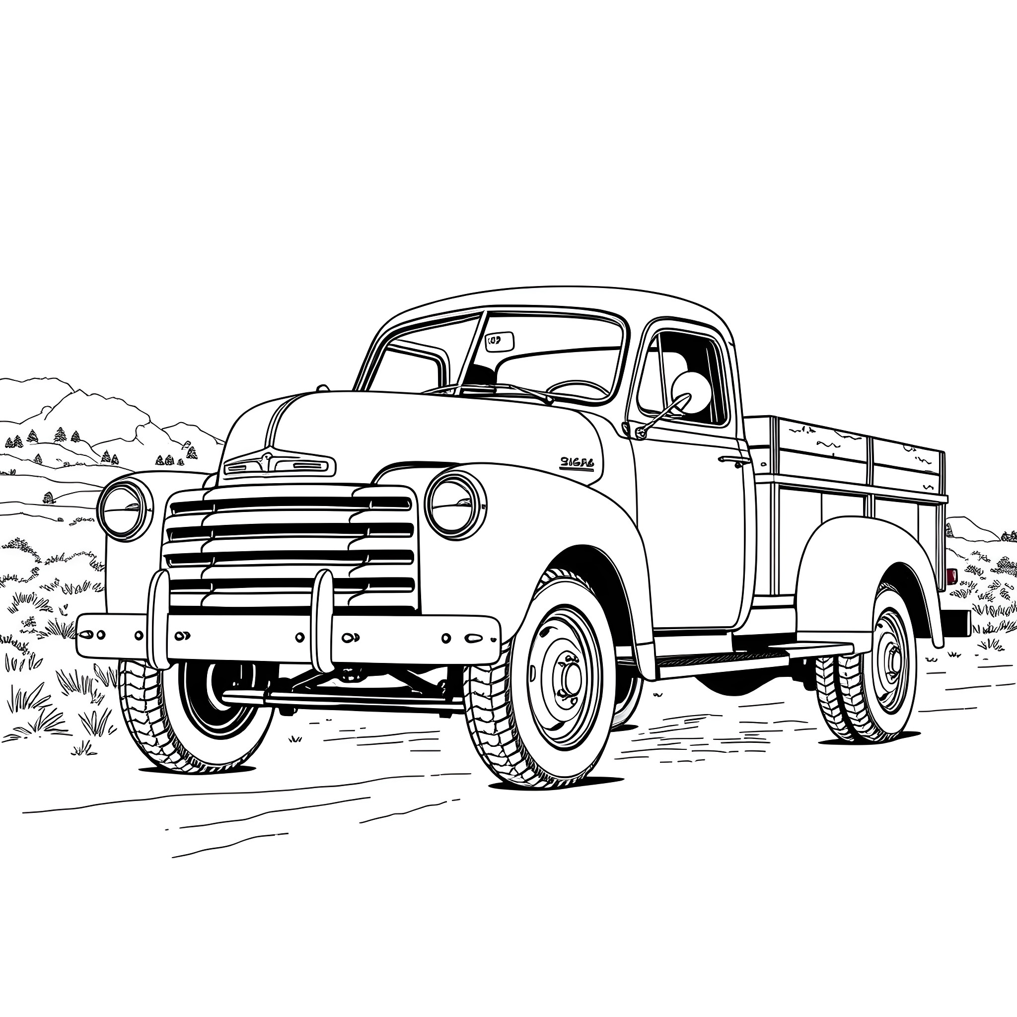 Truck transporting cargo through rural landscape Coloring Page (free black-and-white line drawing printable PDF for all, from beginners to advanced learners, including children, teens, adults, and seniors)