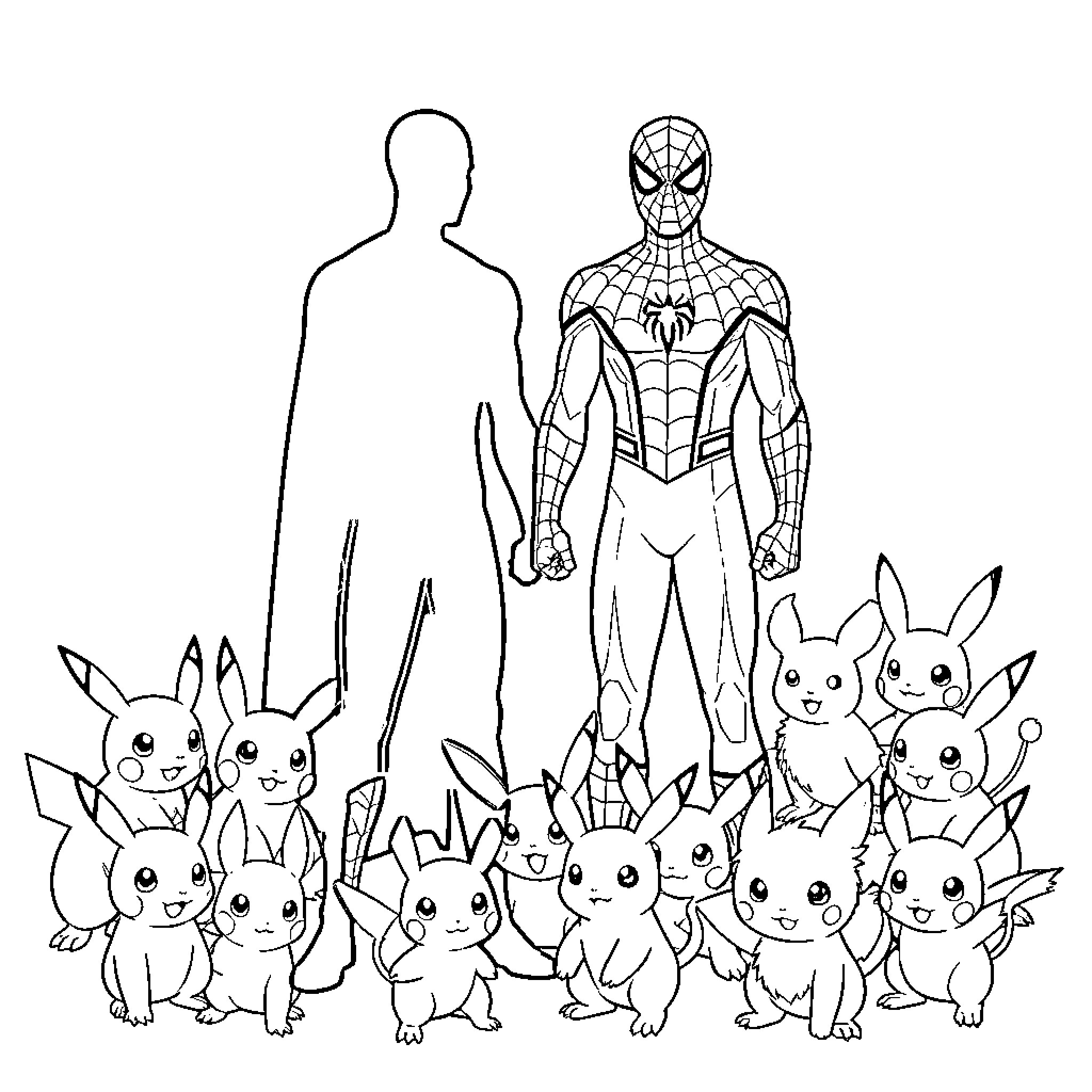 Shadow of a superhero standing with many small creatures Coloring Page (free black-and-white line drawing printable PDF for all, from beginners to advanced learners, including children, teens, adults, and seniors)