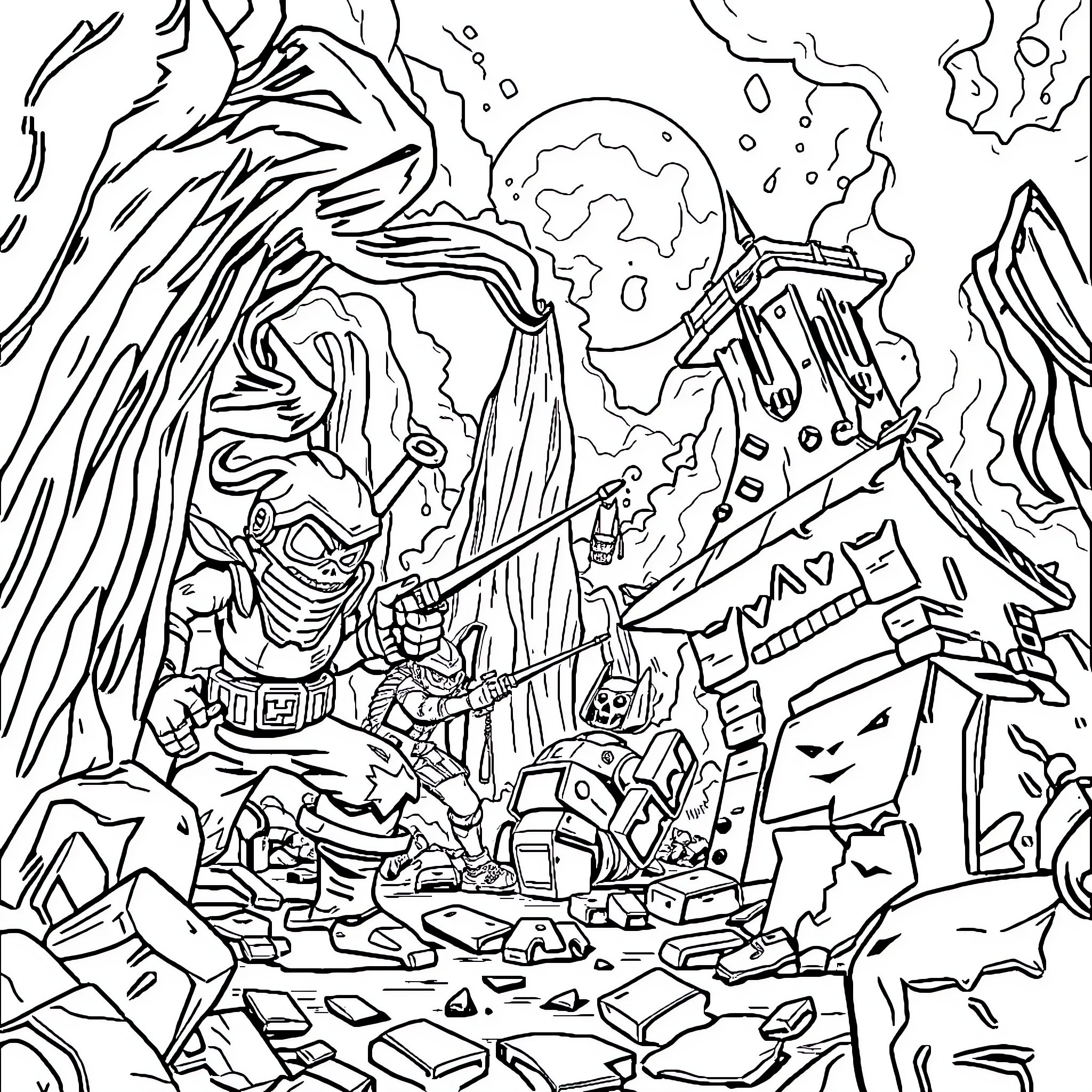 Squid Game: Intense Showdown in Surreal Landscape Coloring Page (free black-and-white line drawing printable PDF for all, from beginners to advanced learners, including children, teens, adults, and seniors)