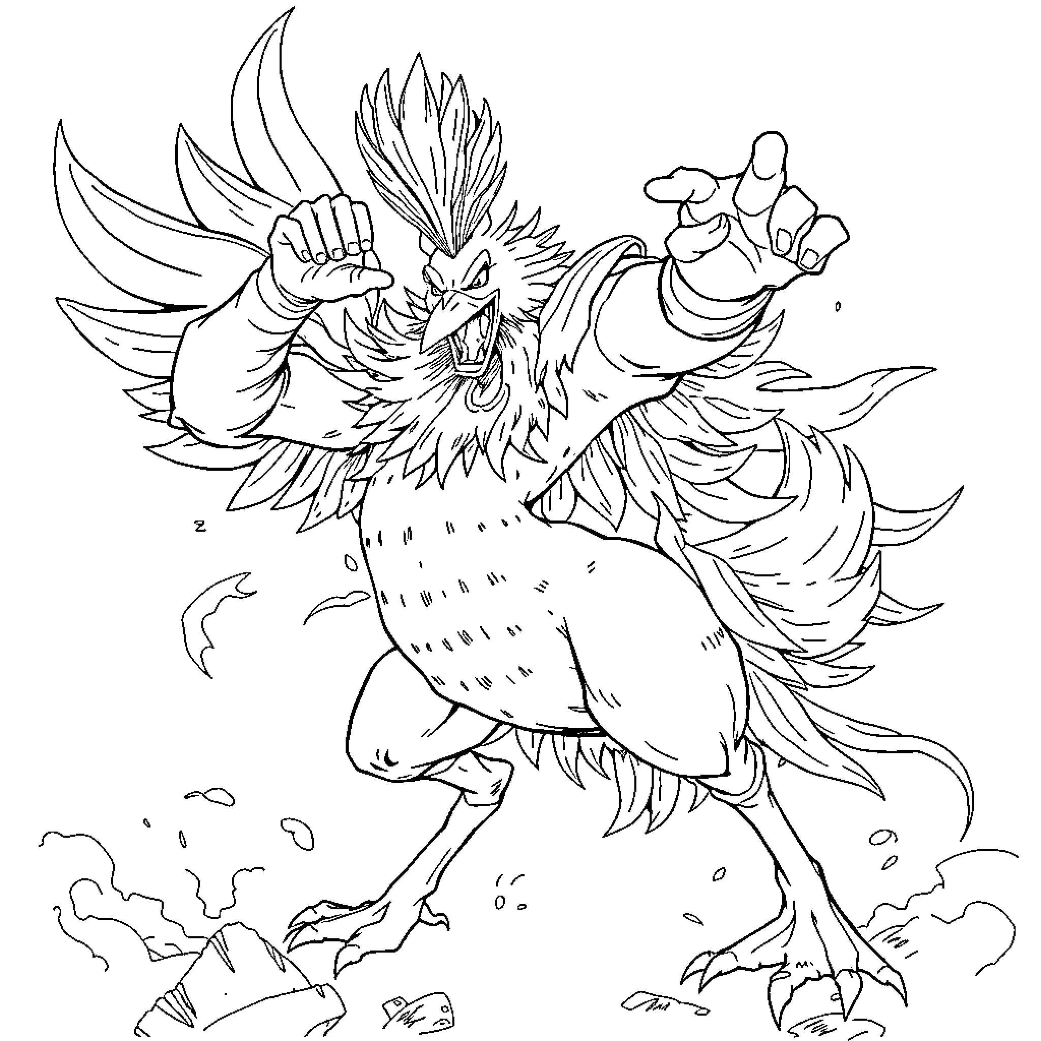 Goose in heroic battle stance Coloring Page (free black-and-white line drawing printable PDF for all, from beginners to advanced learners, including children, teens, adults, and seniors)