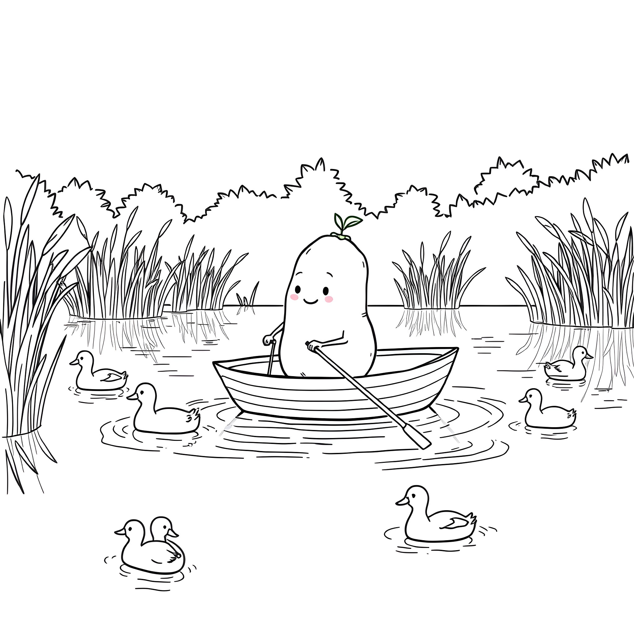 Potato sailing a boat with ducks in a pond Coloring Page (free black-and-white line drawing printable PDF for all, from beginners to advanced learners, including children, teens, adults, and seniors)