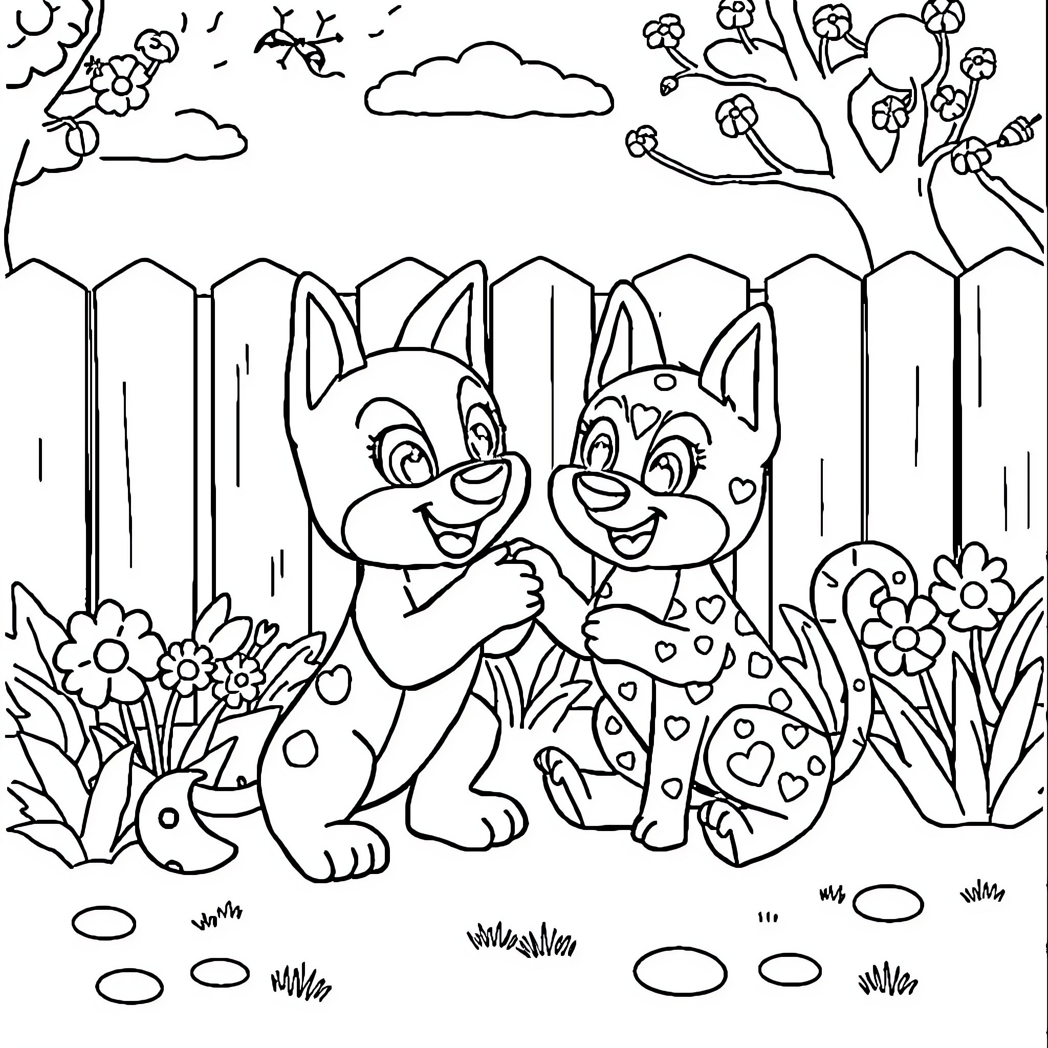 Bluey and friends enjoying nature's beauty Coloring Page (free black-and-white line drawing printable PDF for all, from beginners to advanced learners, including children, teens, adults, and seniors)