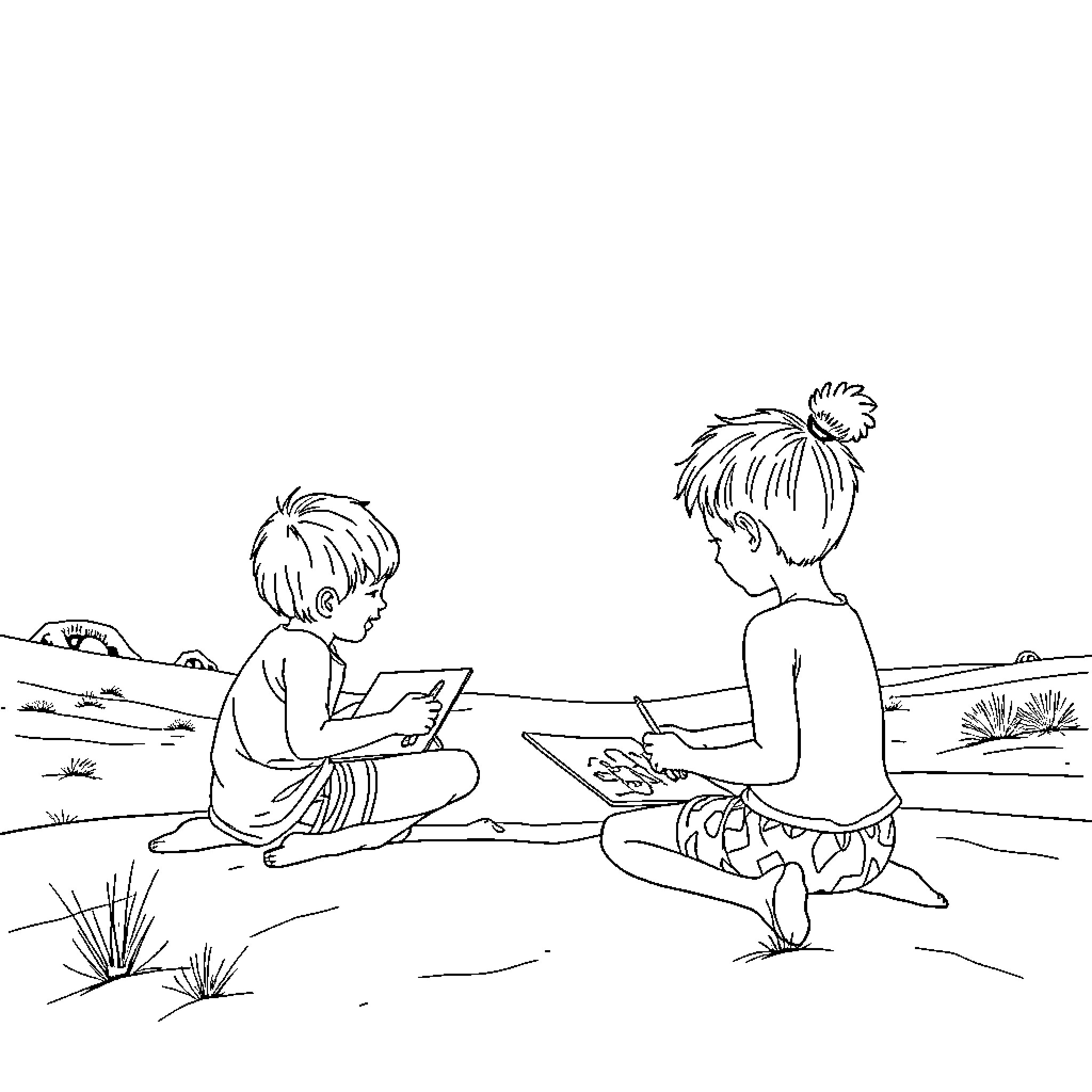 Children drawing on the ground Coloring Page (free black-and-white line drawing printable PDF for all, from beginners to advanced learners, including children, teens, adults, and seniors)