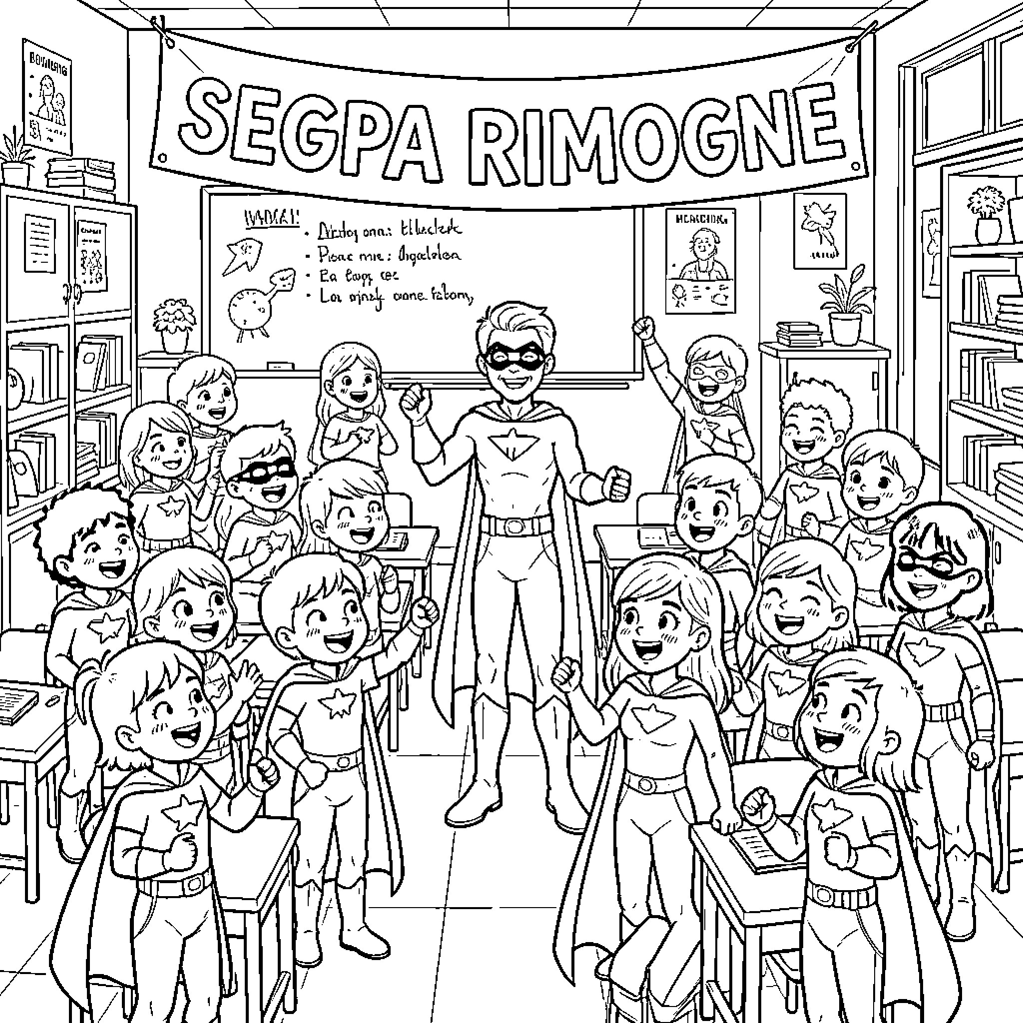 Superhero inspires group of children in the classroom Coloring Page (free black-and-white line drawing printable PDF for all, from beginners to advanced learners, including children, teens, adults, and seniors)