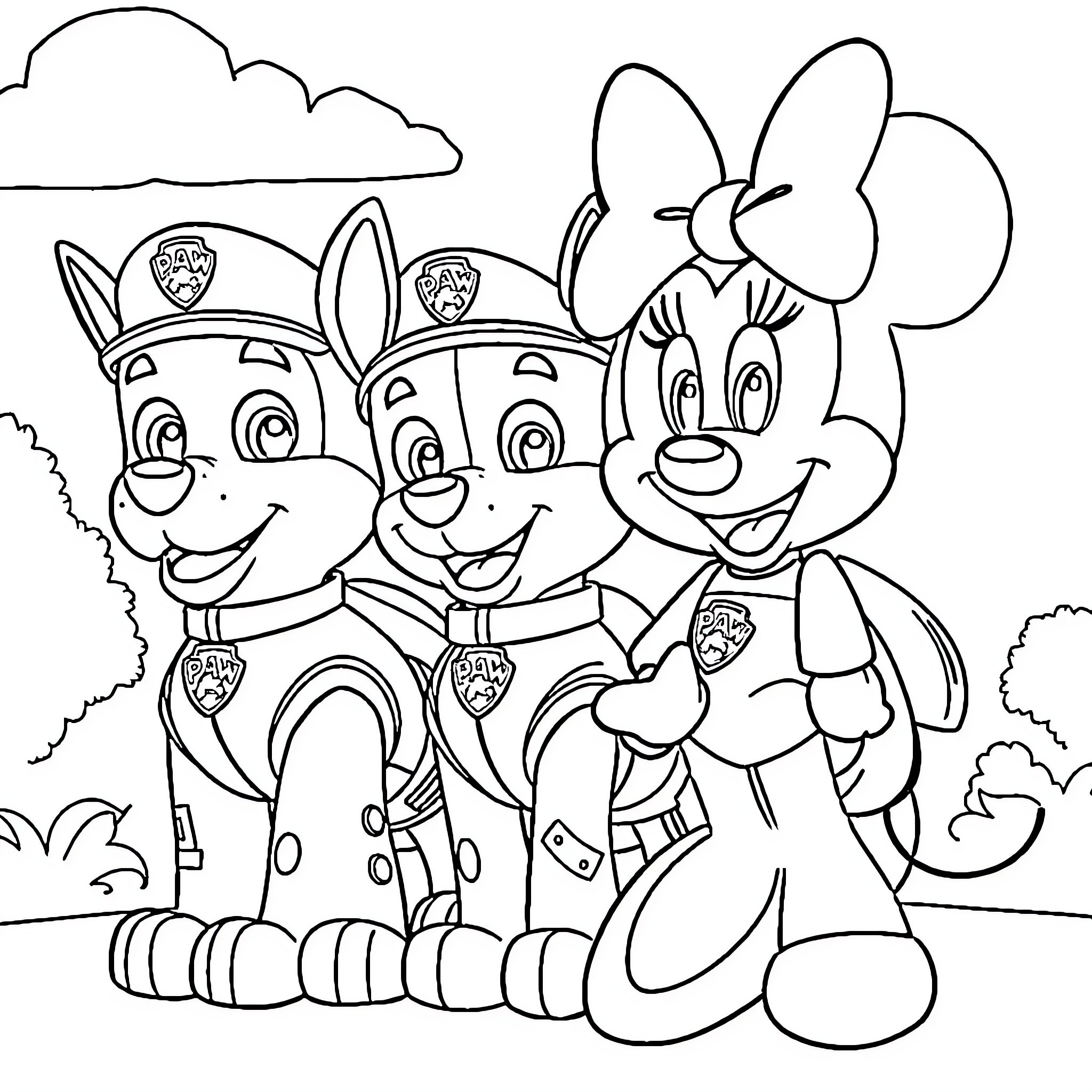 Minnie Mouse and Paw Patrol Pups on Adventure Coloring Page (free black-and-white line drawing printable PDF for all, from beginners to advanced learners, including children, teens, adults, and seniors)