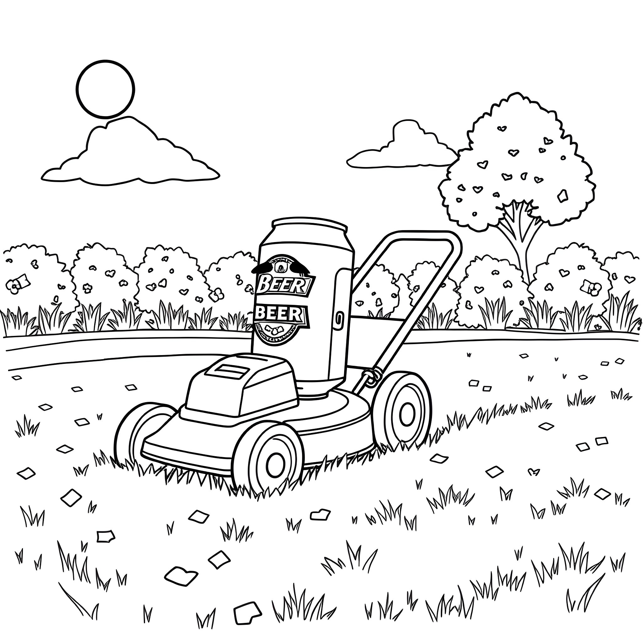 Beer Can Lawn Mower in Outdoor Landscape Coloring Page (free black-and-white line drawing printable PDF for all, from beginners to advanced learners, including children, teens, adults, and seniors)