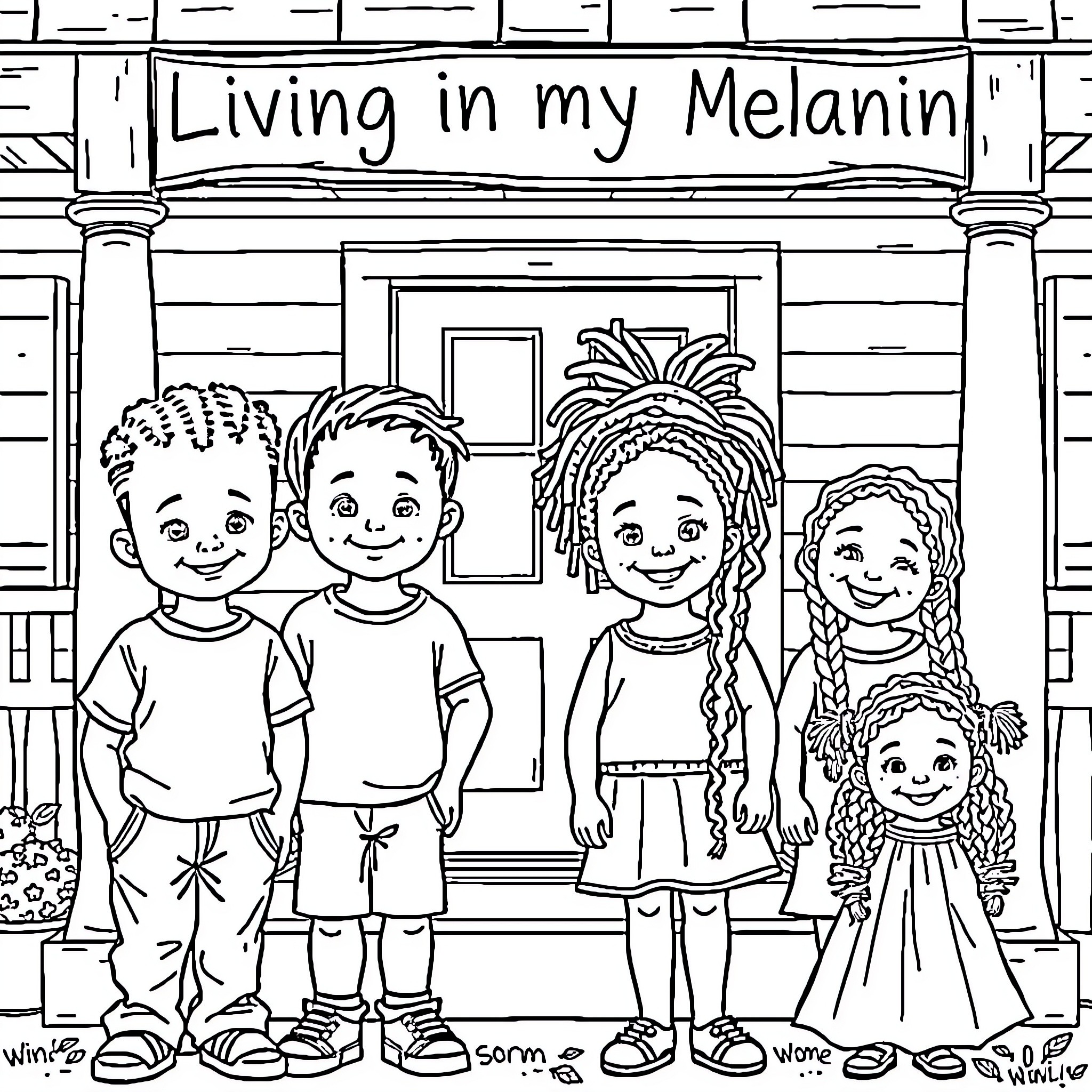 Children playing and posing in front of 'Living in my Melanin' Coloring Page (free black-and-white line drawing printable PDF for all, from beginners to advanced learners, including children, teens, adults, and seniors)