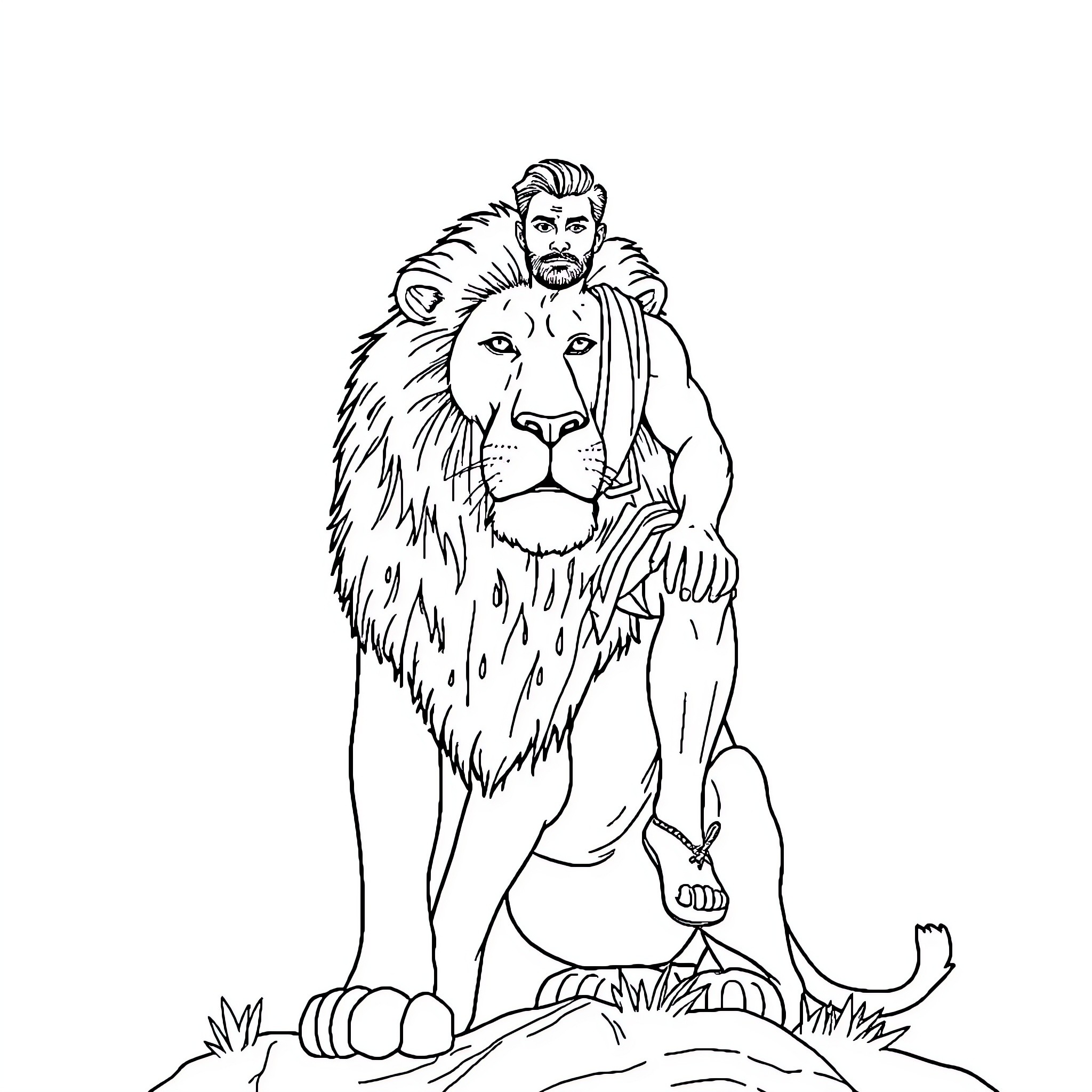 Man poses confidently with a majestic lion Coloring Page (free black-and-white line drawing printable PDF for all, from beginners to advanced learners, including children, teens, adults, and seniors)