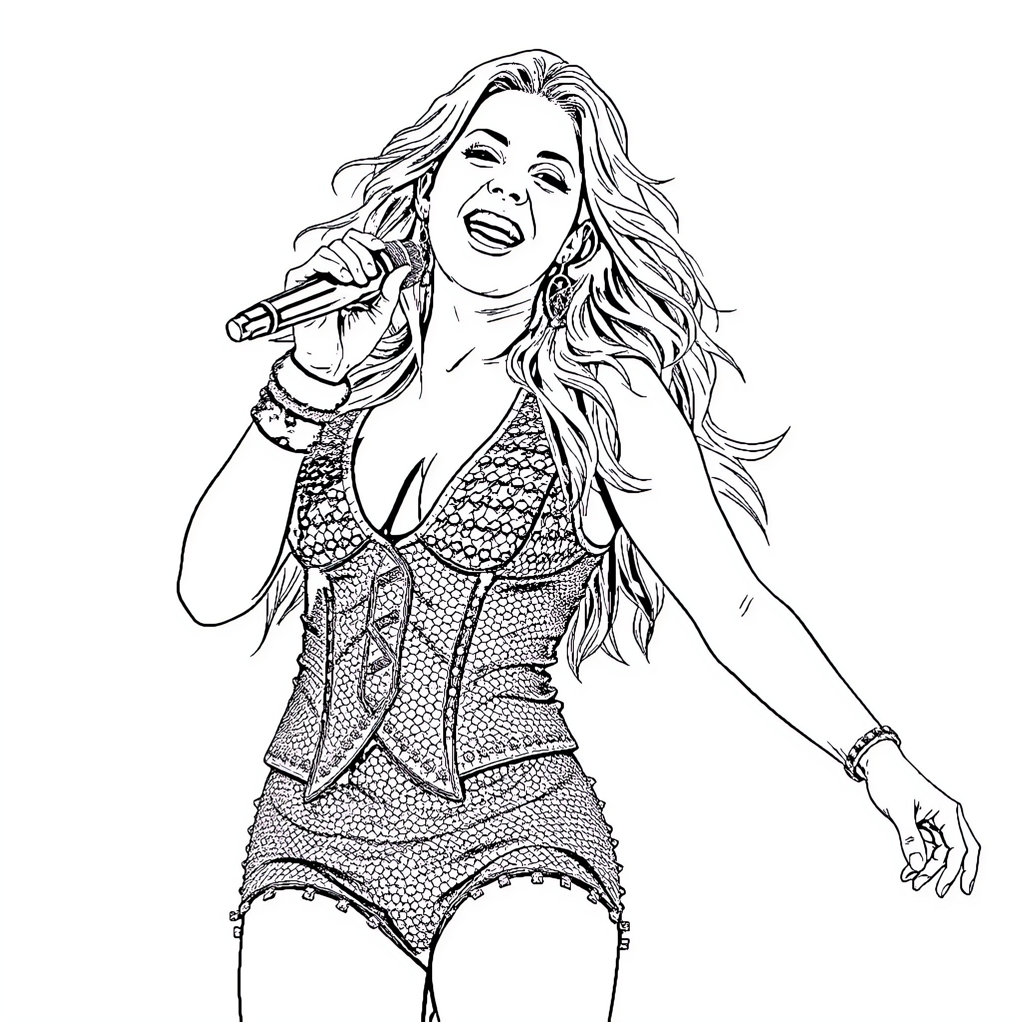 Britney Spears performing on stage with energy and passion Coloring Page (free black-and-white line drawing printable PDF for all, from beginners to advanced learners, including children, teens, adults, and seniors)