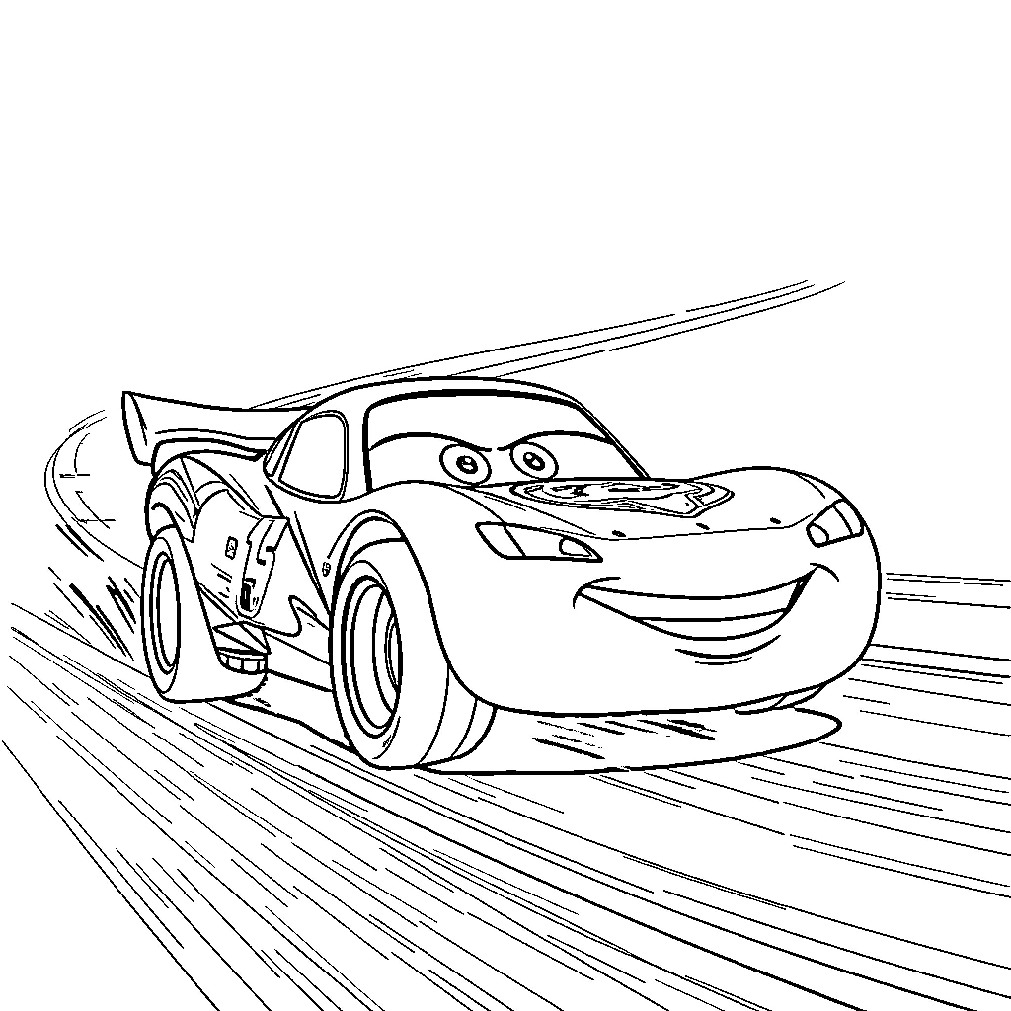 Lightning McQueen racing down the track Coloring Page (free black-and-white line drawing printable PDF for all, from beginners to advanced learners, including children, teens, adults, and seniors)