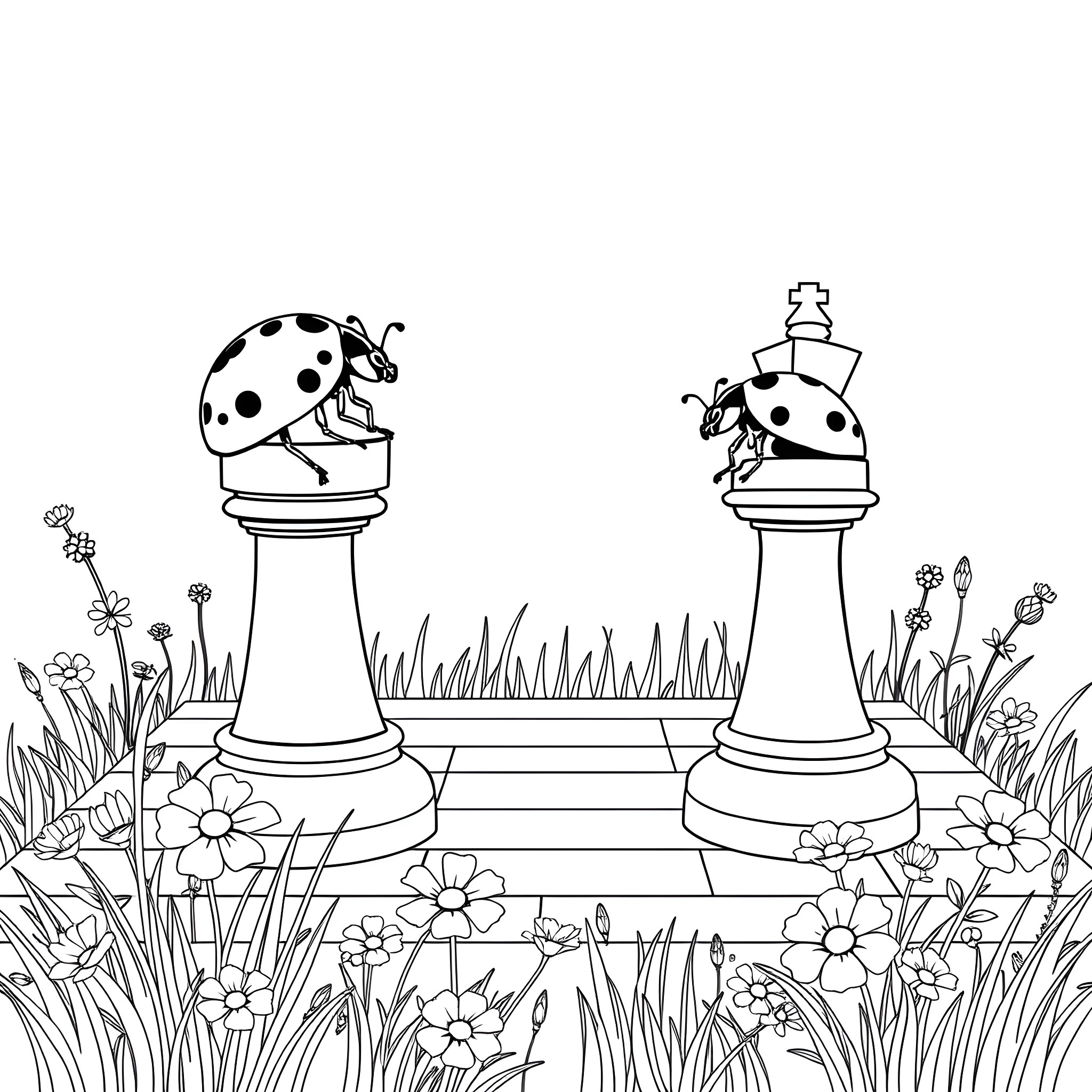 Ladybugs playing atop pedestals in a garden Coloring Page (free black-and-white line drawing printable PDF for all, from beginners to advanced learners, including children, teens, adults, and seniors)