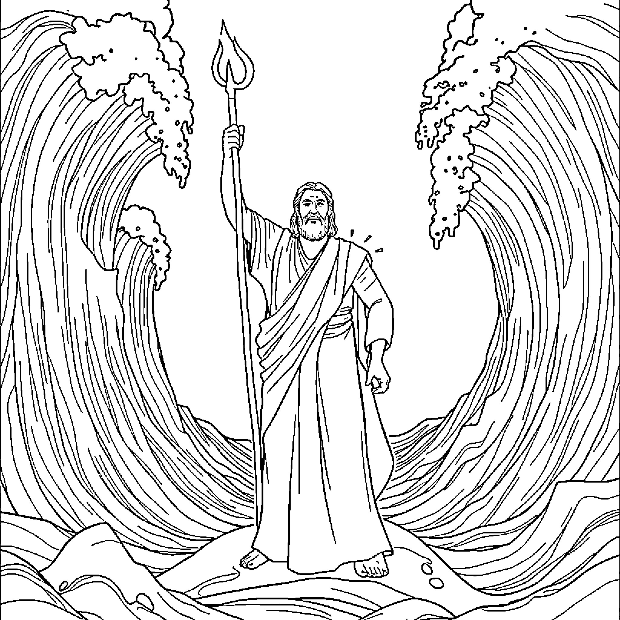 Moses Parting the Waves with Divine Authority Coloring Page (free black-and-white line drawing printable PDF for all, from beginners to advanced learners, including children, teens, adults, and seniors)
