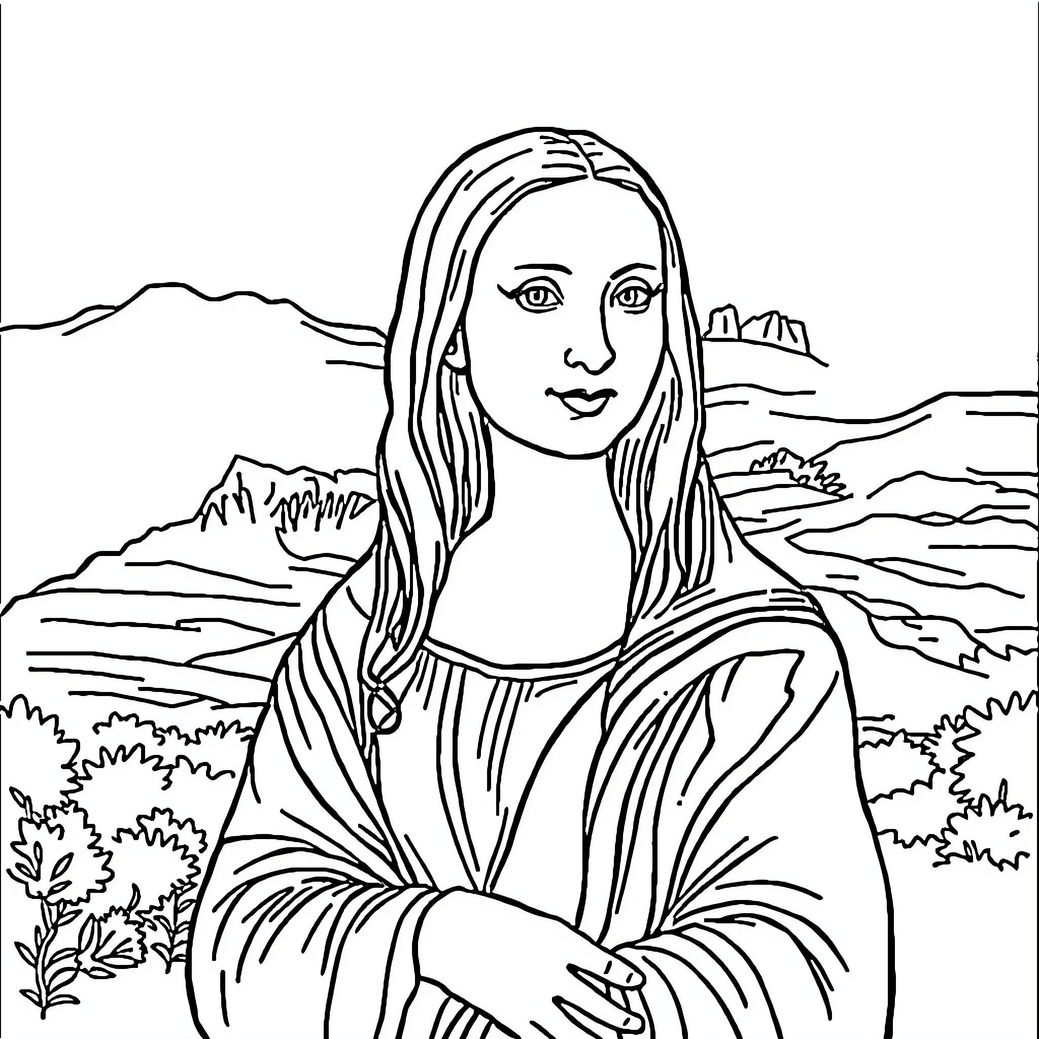 Mona Lisa in Peaceful Landscape Coloring Page (free black-and-white line drawing printable PDF for all, from beginners to advanced learners, including children, teens, adults, and seniors)
