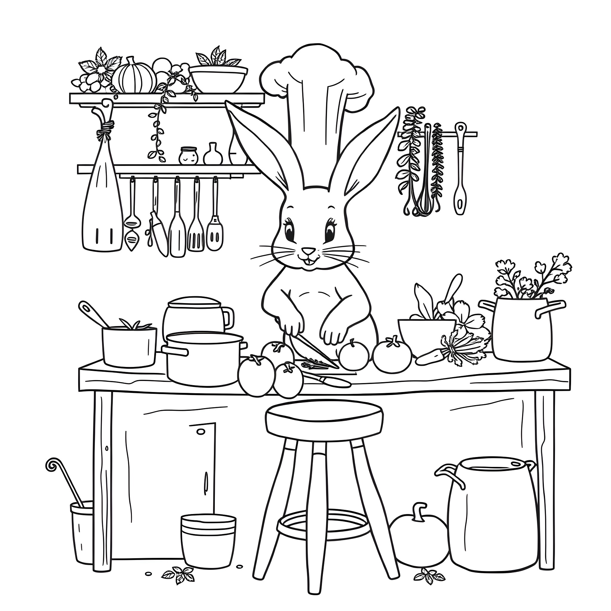 Bunny cooking in the kitchen Coloring Page (free black-and-white line drawing printable PDF for all, from beginners to advanced learners, including children, teens, adults, and seniors)