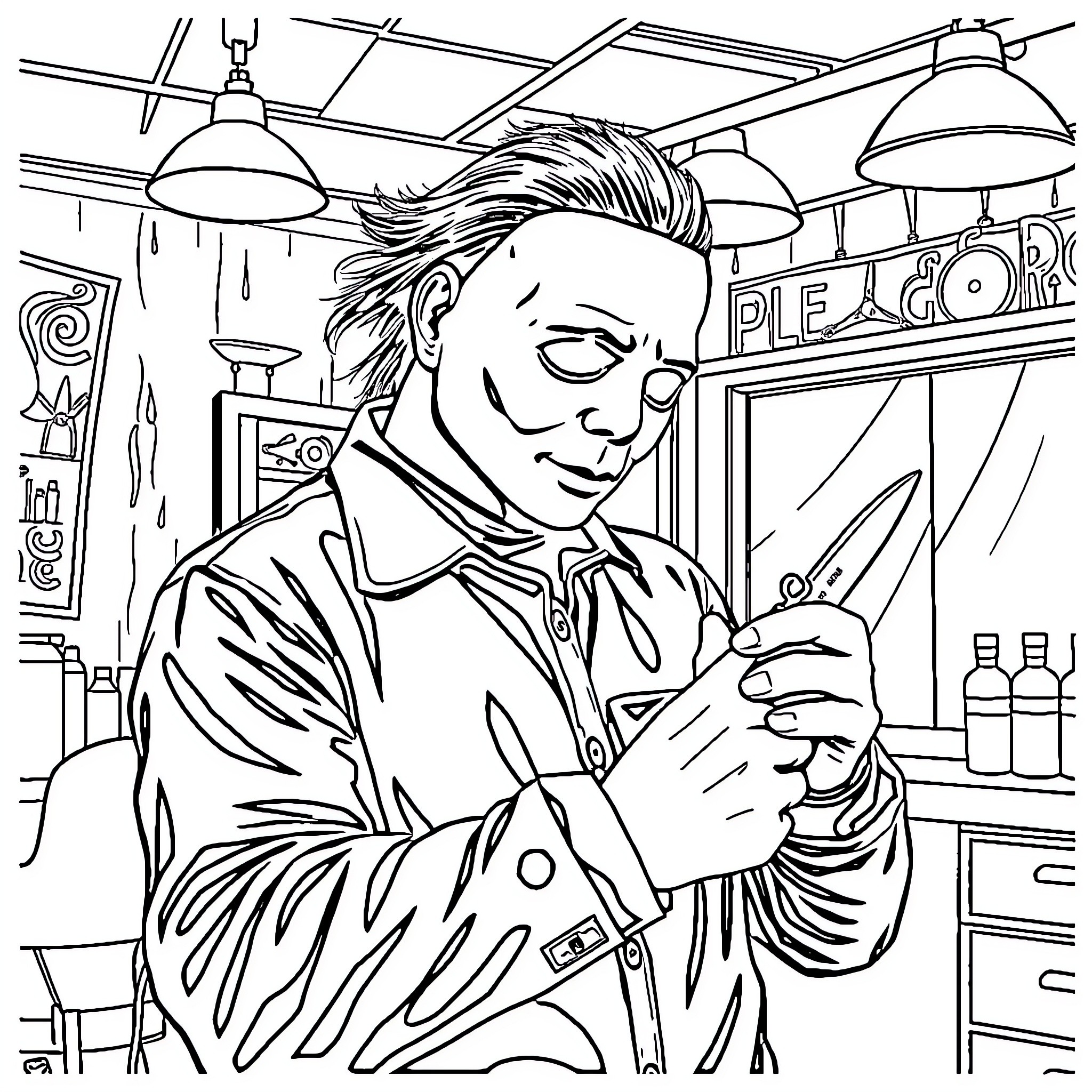 Michael Myers at the Diner Coloring Page (free black-and-white line drawing printable PDF for all, from beginners to advanced learners, including children, teens, adults, and seniors)