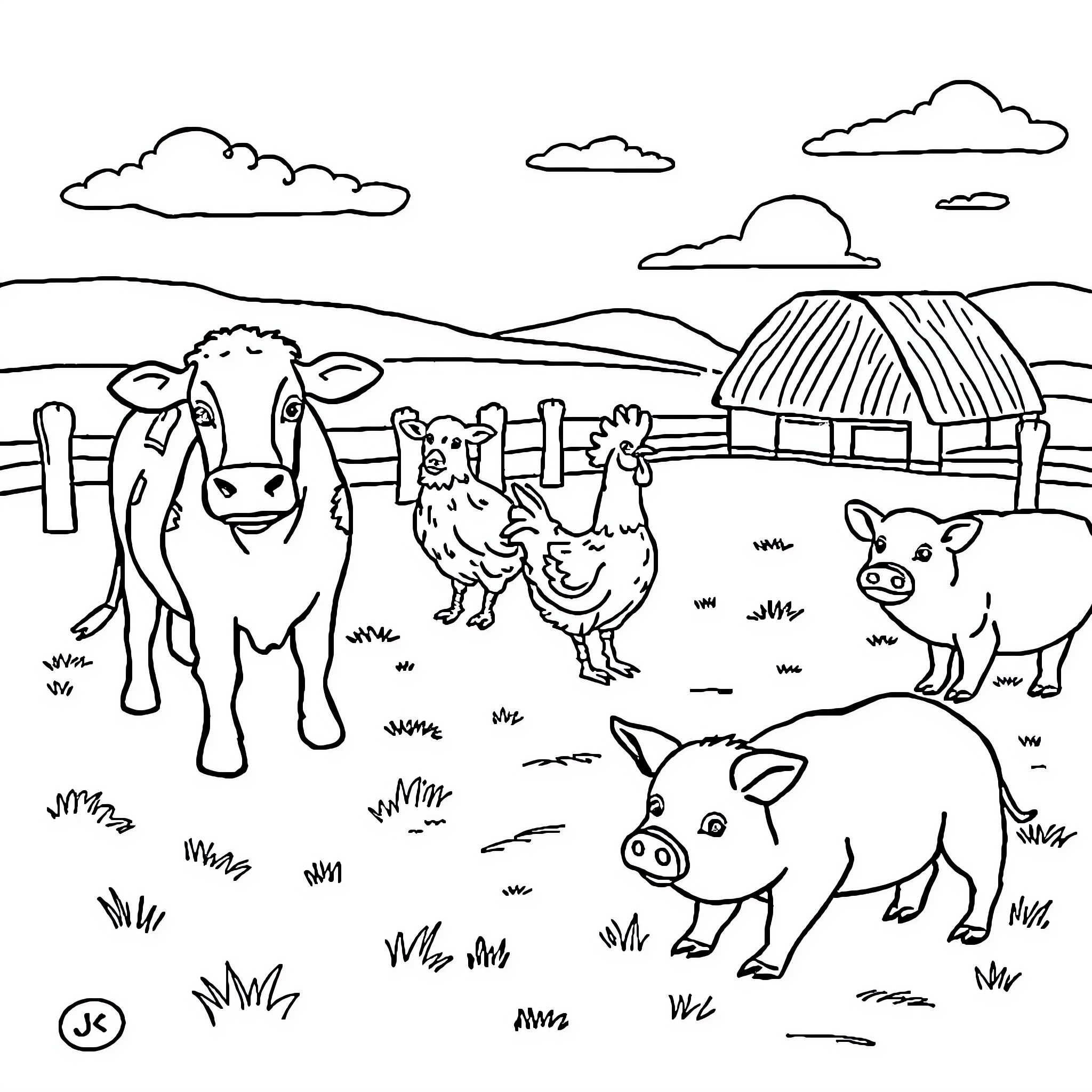 Animal farm scene with cows and other creatures Coloring Page (free black-and-white line drawing printable PDF for all, from beginners to advanced learners, including children, teens, adults, and seniors)