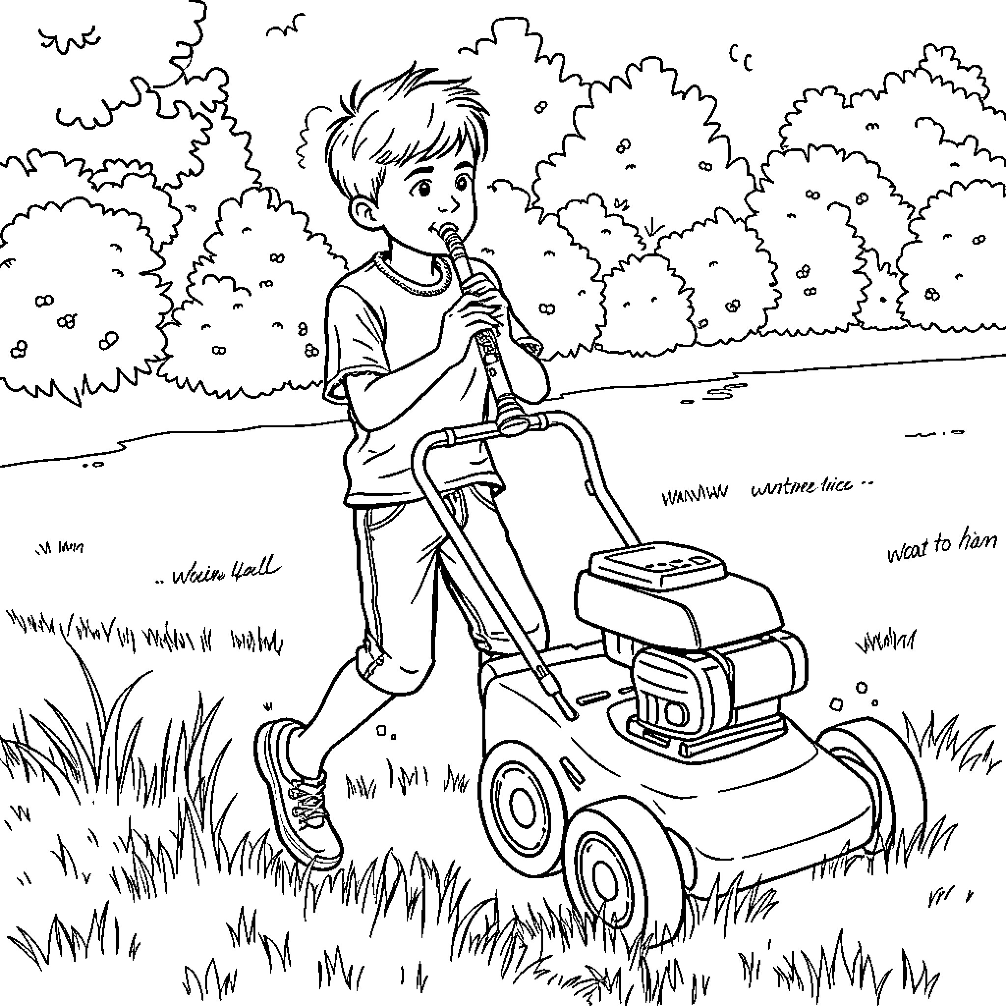 Boy mowing the lawn with a lawn mower Coloring Page (free black-and-white line drawing printable PDF for all, from beginners to advanced learners, including children, teens, adults, and seniors)