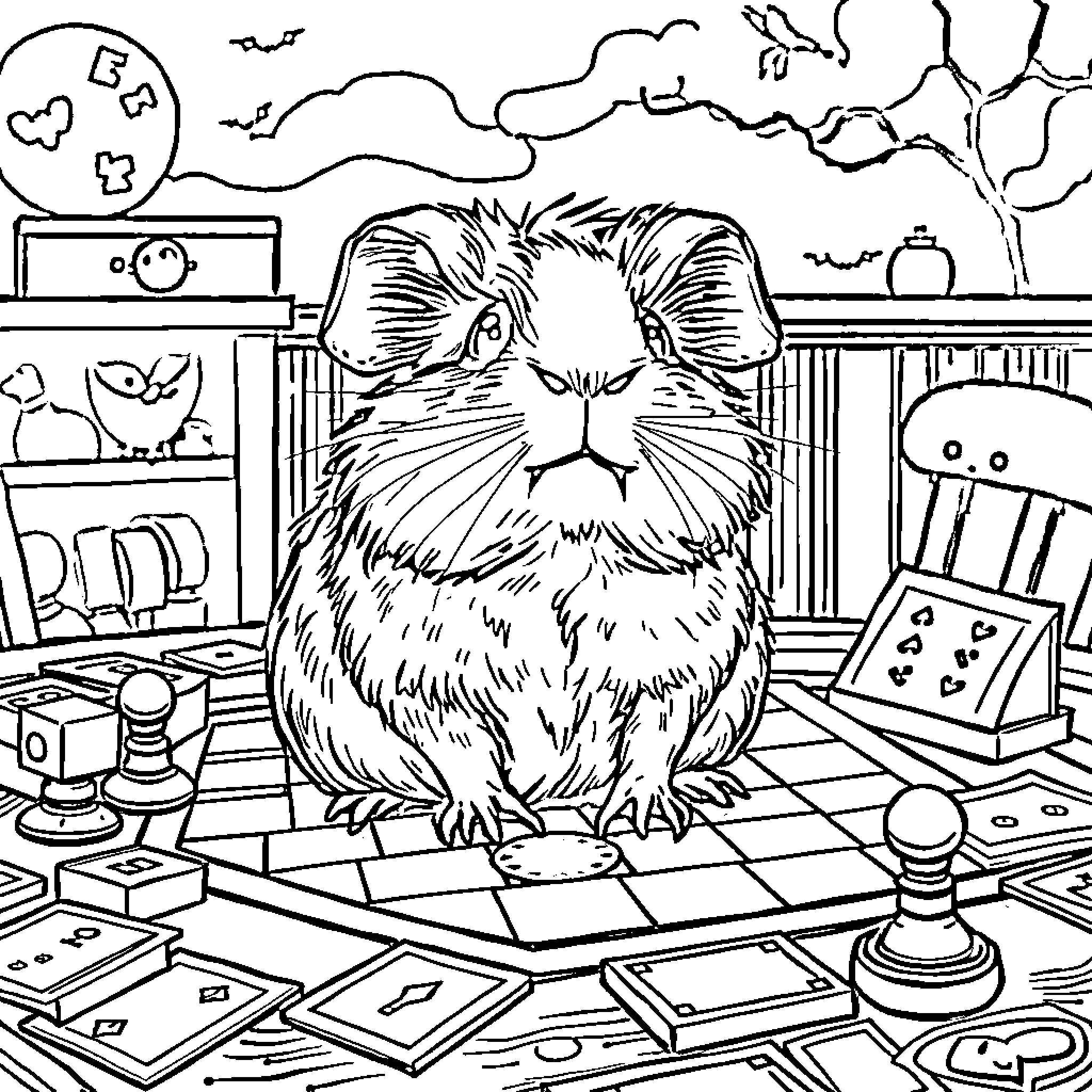 Guinea Pig Relaxing in Cluttered Room Coloring Page (free black-and-white line drawing printable PDF for all, from beginners to advanced learners, including children, teens, adults, and seniors)