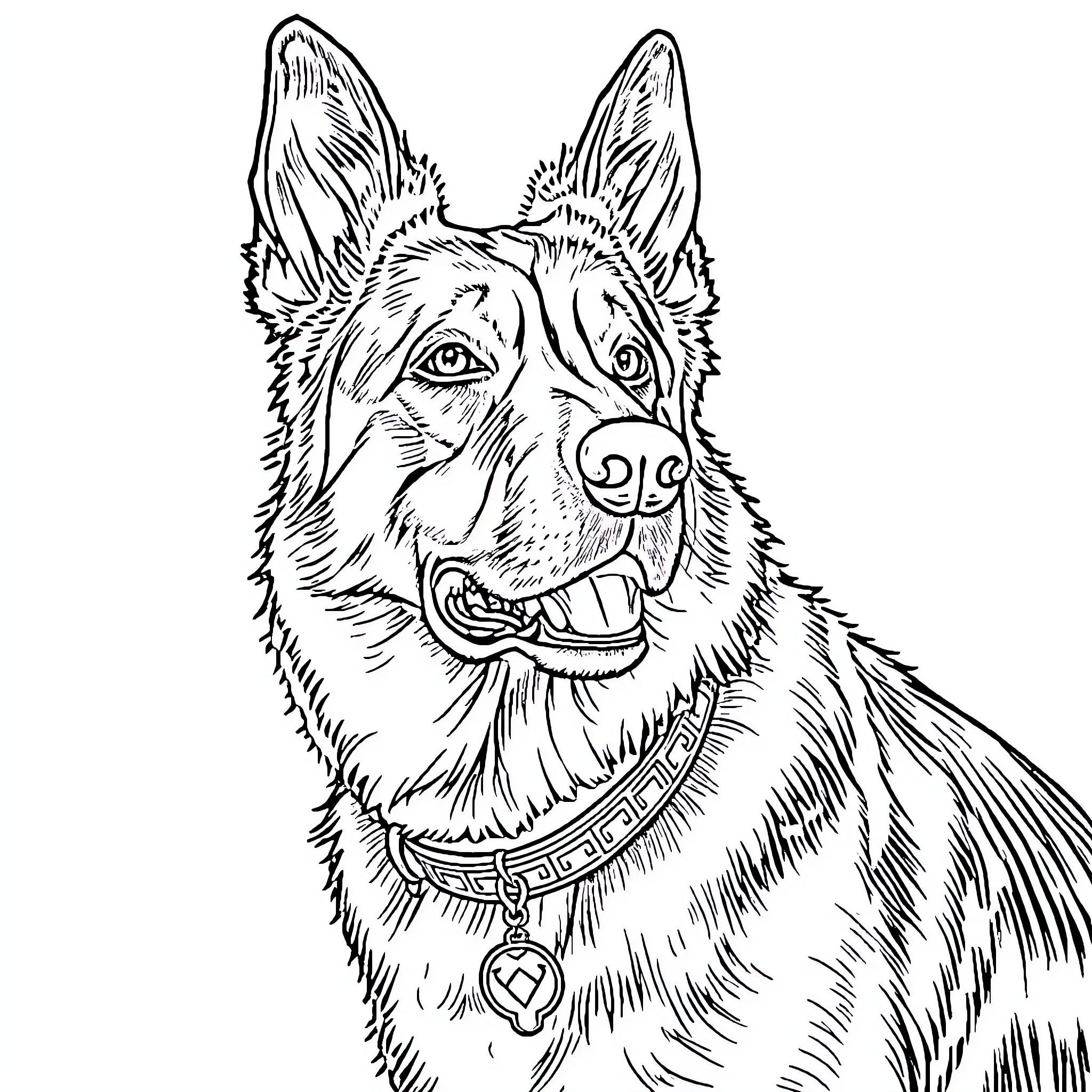 Berger Allemand dog with focused gaze Coloring Page (free black-and-white line drawing printable PDF for all, from beginners to advanced learners, including children, teens, adults, and seniors)