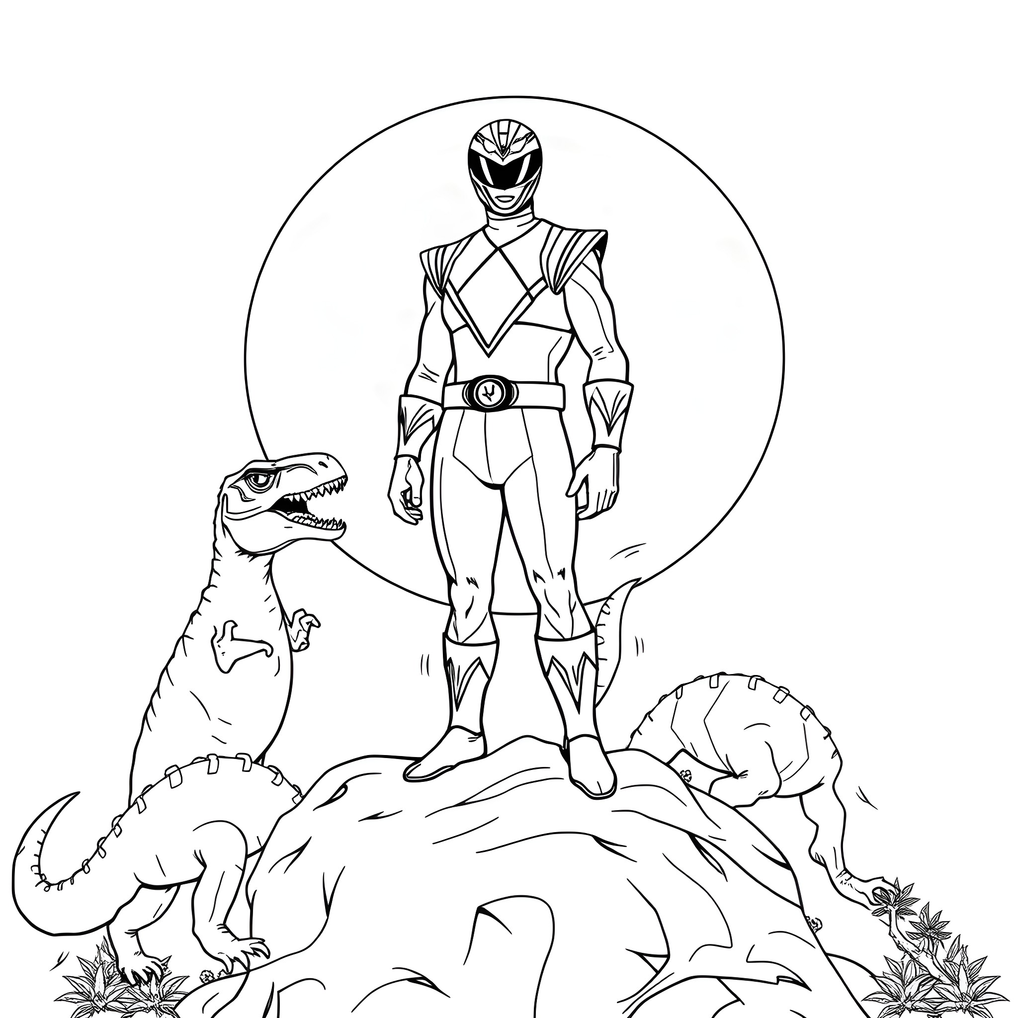Power Ranger hero battles dinosaurs on rocky terrain Coloring Page (free black-and-white line drawing printable PDF for all, from beginners to advanced learners, including children, teens, adults, and seniors)