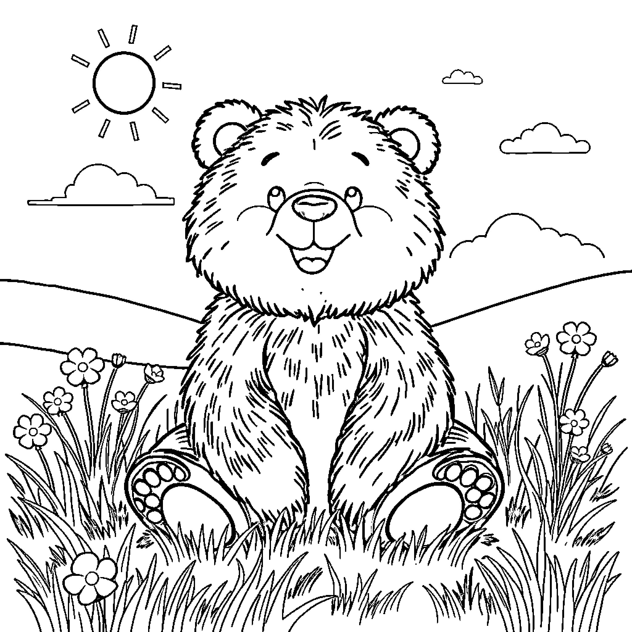 Bear enjoying a sunny day in nature Coloring Page (free black-and-white line drawing printable PDF for all, from beginners to advanced learners, including children, teens, adults, and seniors)