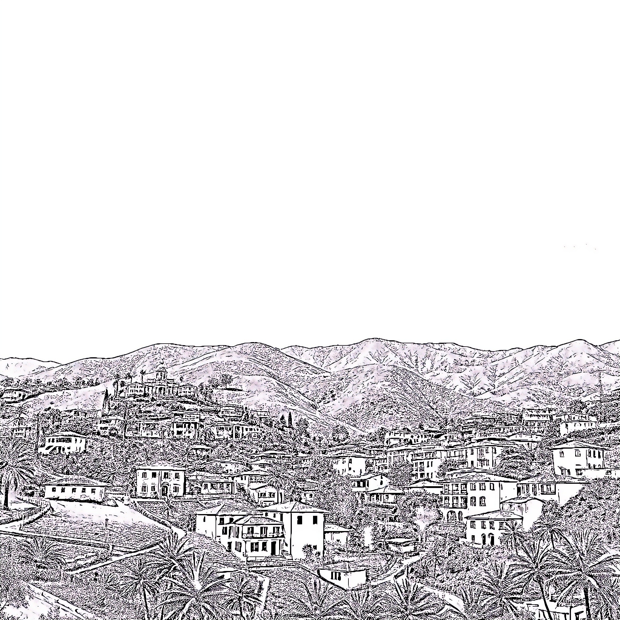 Landscape of a hilly town with palm trees Coloring Page (free black-and-white line drawing printable PDF for all, from beginners to advanced learners, including children, teens, adults, and seniors)