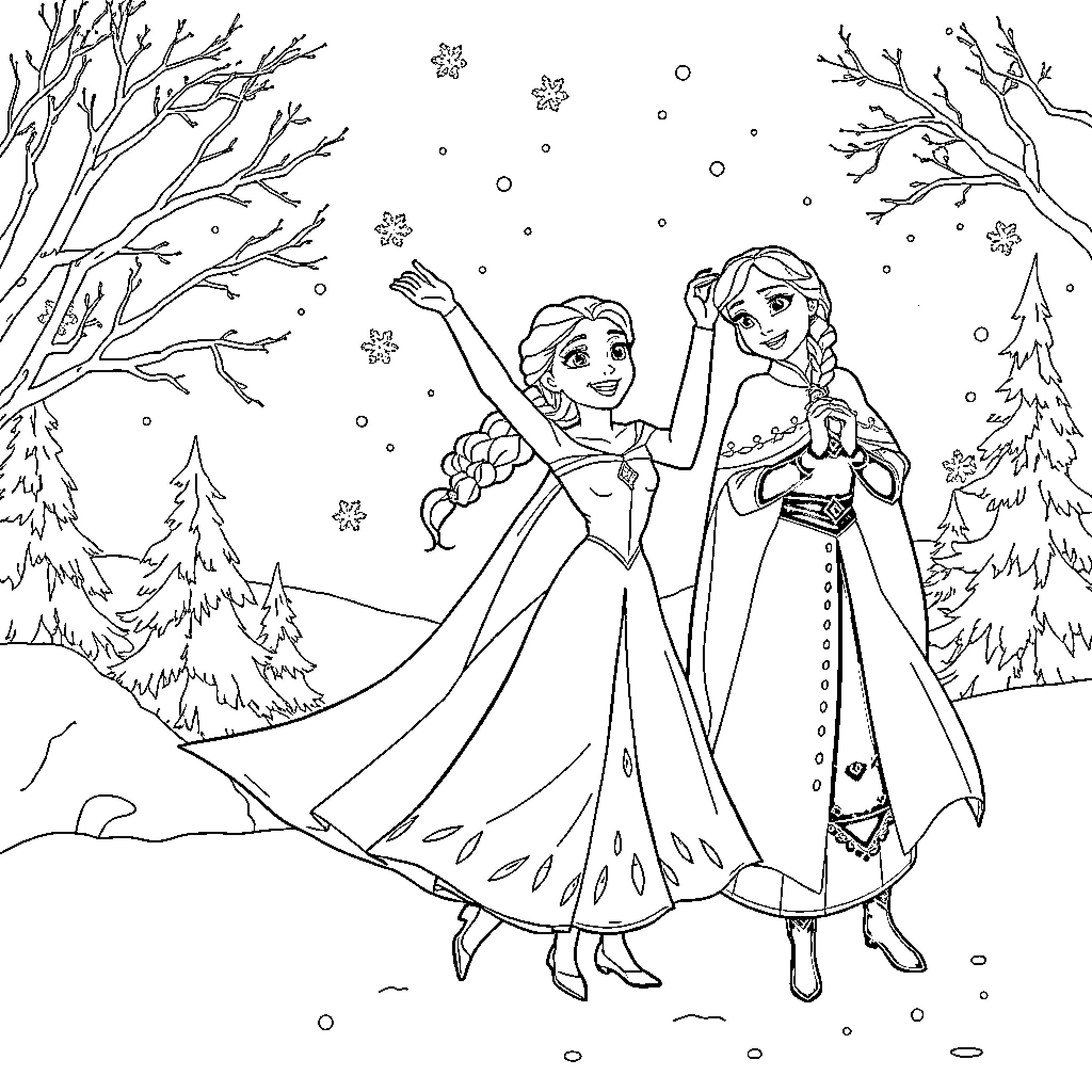 Frozen sisters dancing in the snowy forest Coloring Page (free black-and-white line drawing printable PDF for all, from beginners to advanced learners, including children, teens, adults, and seniors)