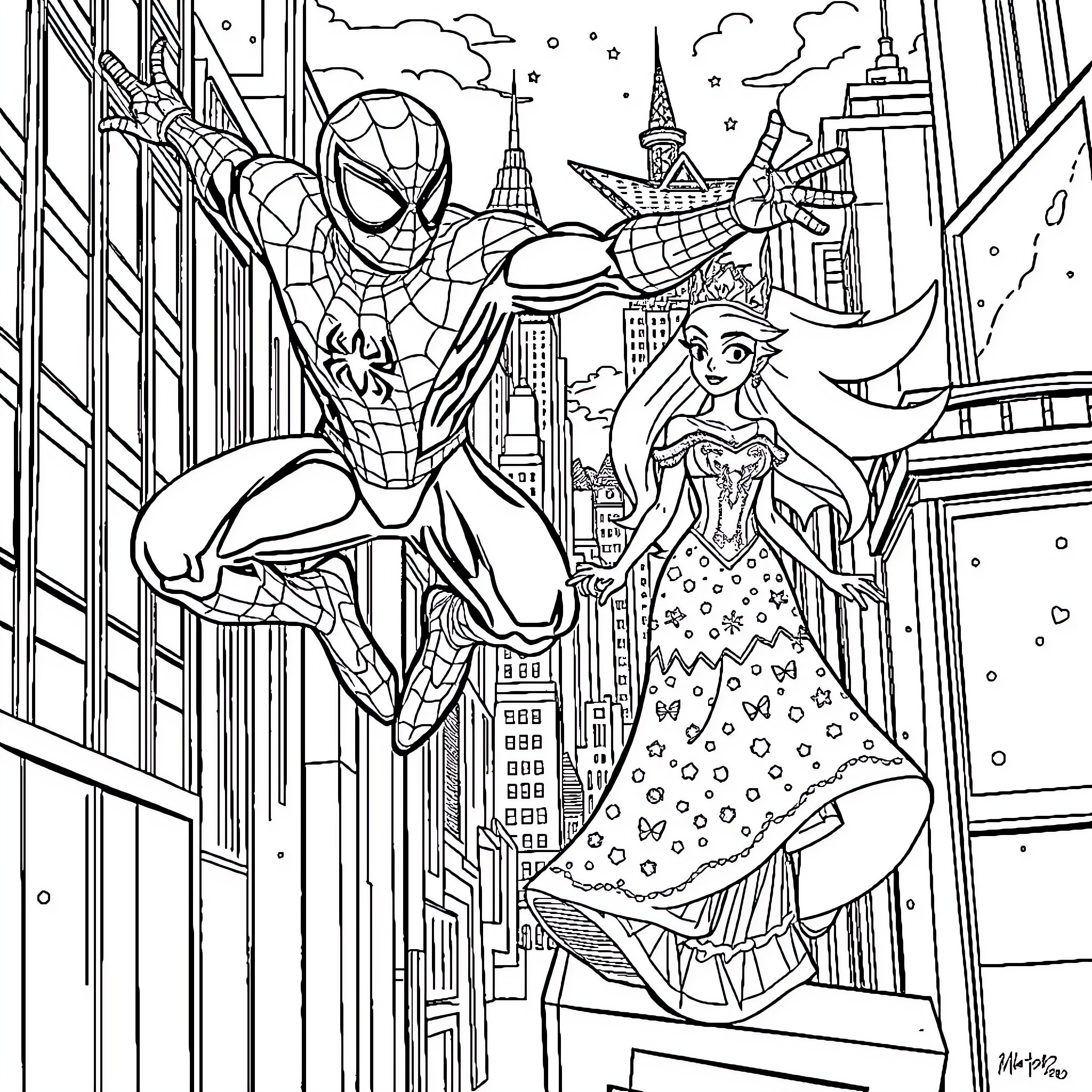 Spiderman swinging through the city with a female companion Coloring Page (free black-and-white line drawing printable PDF for all, from beginners to advanced learners, including children, teens, adults, and seniors)