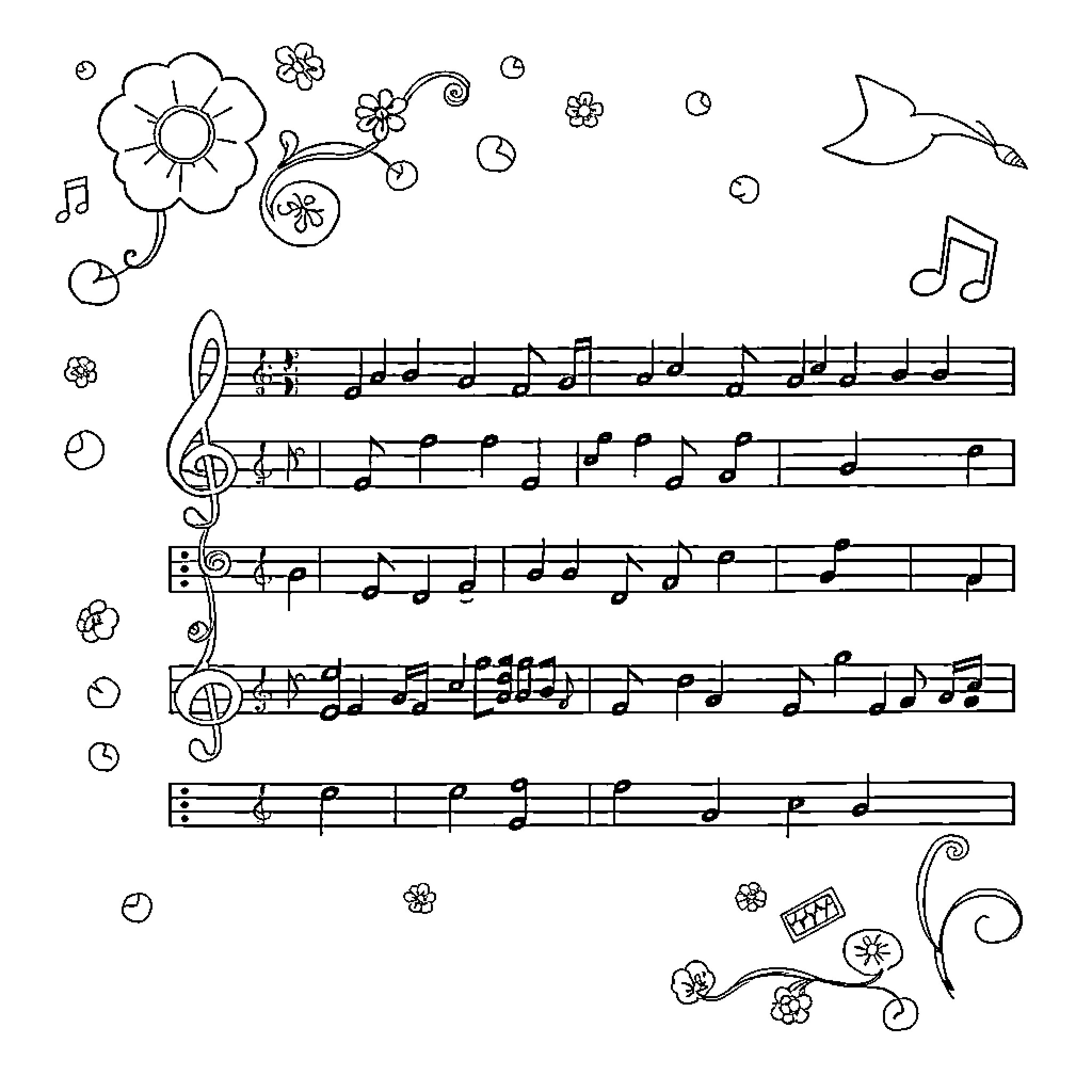 Music Sheet with Floral Motifs and Musical Notes Coloring Page (free black-and-white line drawing printable PDF for all, from beginners to advanced learners, including children, teens, adults, and seniors)