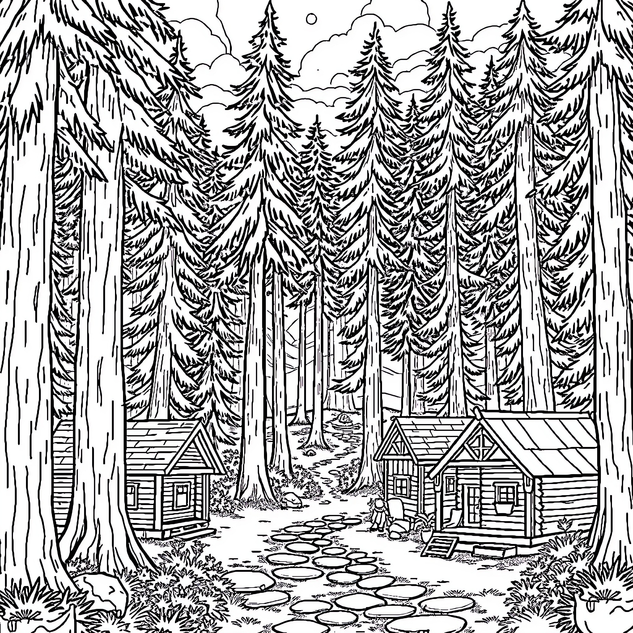 Camp Halfblood: Serene Cabins in the Enchanted Forest Coloring Page (free black-and-white line drawing printable PDF for all, from beginners to advanced learners, including children, teens, adults, and seniors)