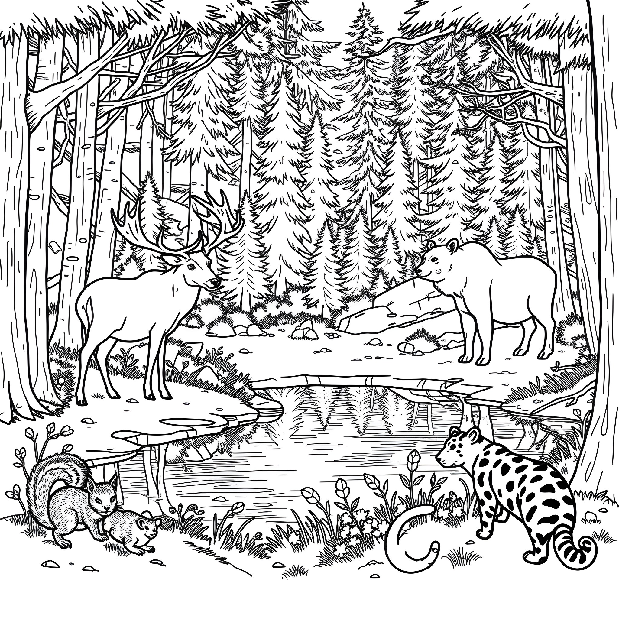 Forest Animals Enjoying a Peaceful Habitat Coloring Page (free black-and-white line drawing printable PDF for all, from beginners to advanced learners, including children, teens, adults, and seniors)