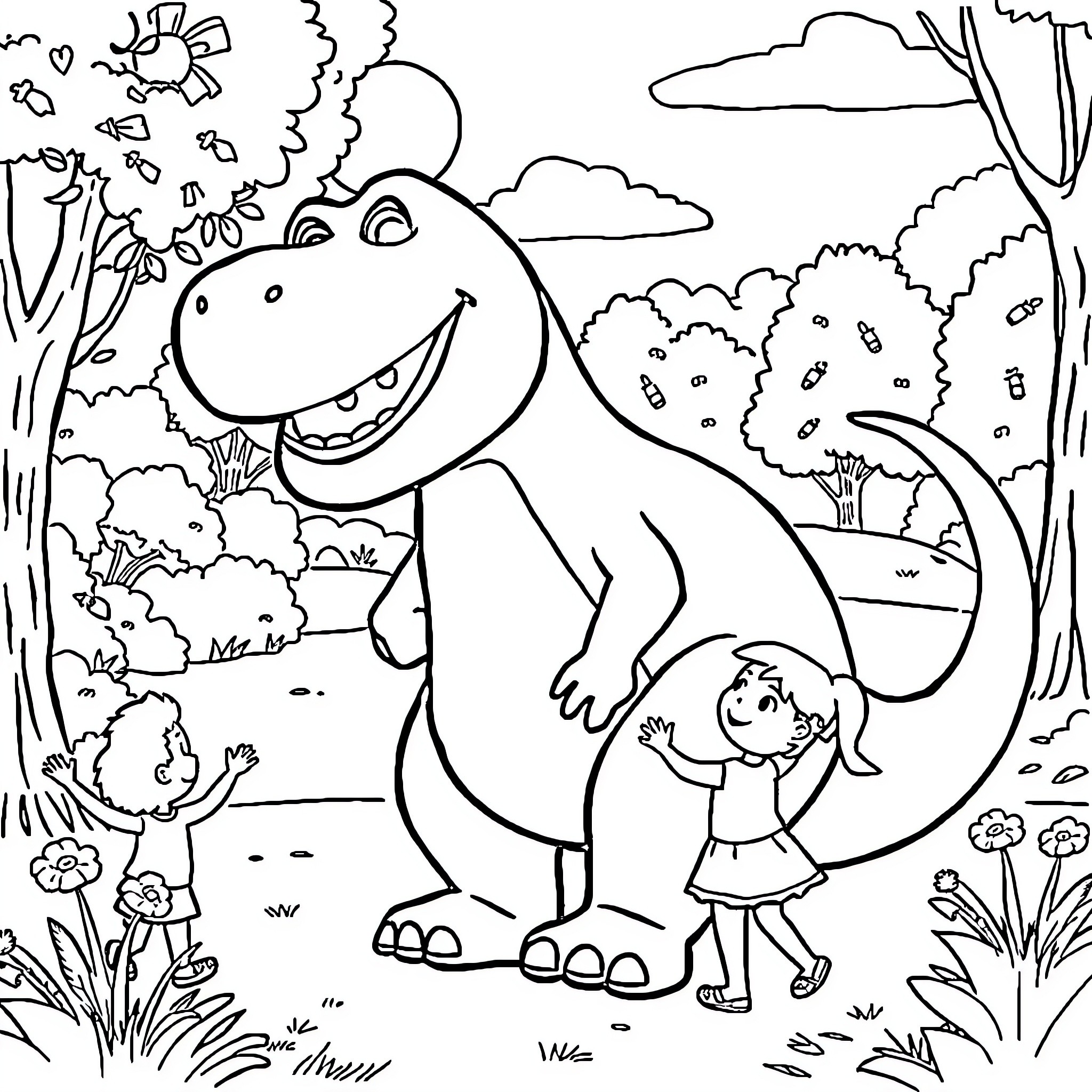 Barney and the Child Explore the Vibrant Outdoors Coloring Page (free black-and-white line drawing printable PDF for all, from beginners to advanced learners, including children, teens, adults, and seniors)