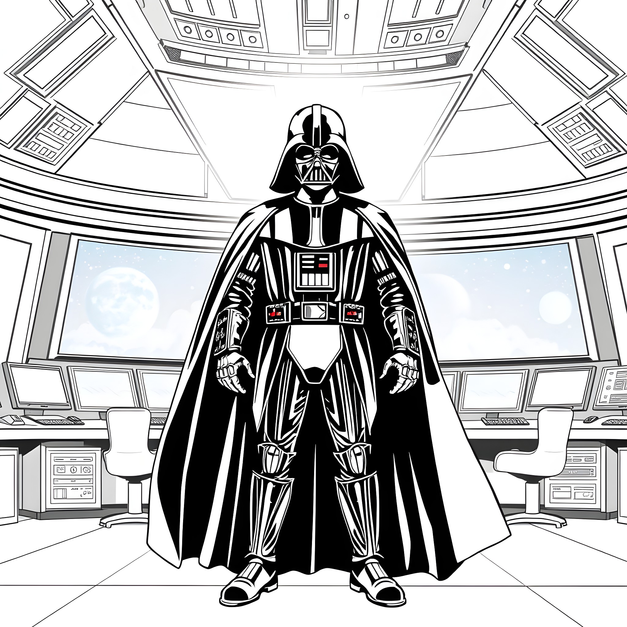 Darth Vader standing in the Imperial command center Coloring Page (free black-and-white line drawing printable PDF for all, from beginners to advanced learners, including children, teens, adults, and seniors)