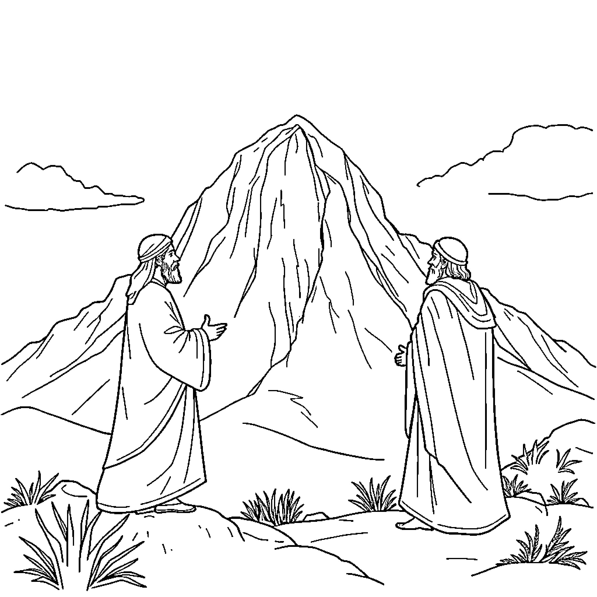 Moshe and companion admiring mountain view Coloring Page (free black-and-white line drawing printable PDF for all, from beginners to advanced learners, including children, teens, adults, and seniors)
