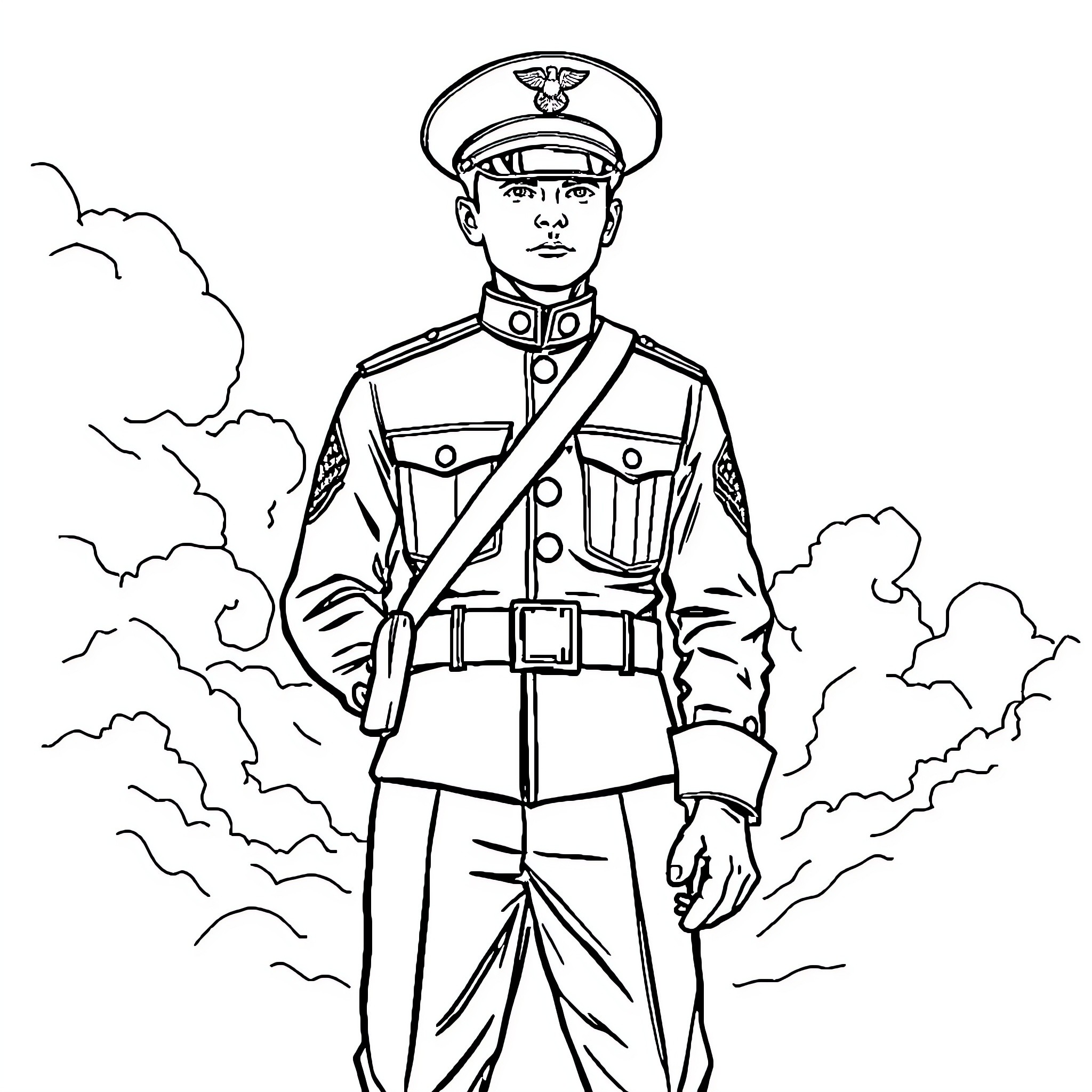 Marine Soldier in Uniform Standing Tall Coloring Page (free black-and-white line drawing printable PDF for all, from beginners to advanced learners, including children, teens, adults, and seniors)