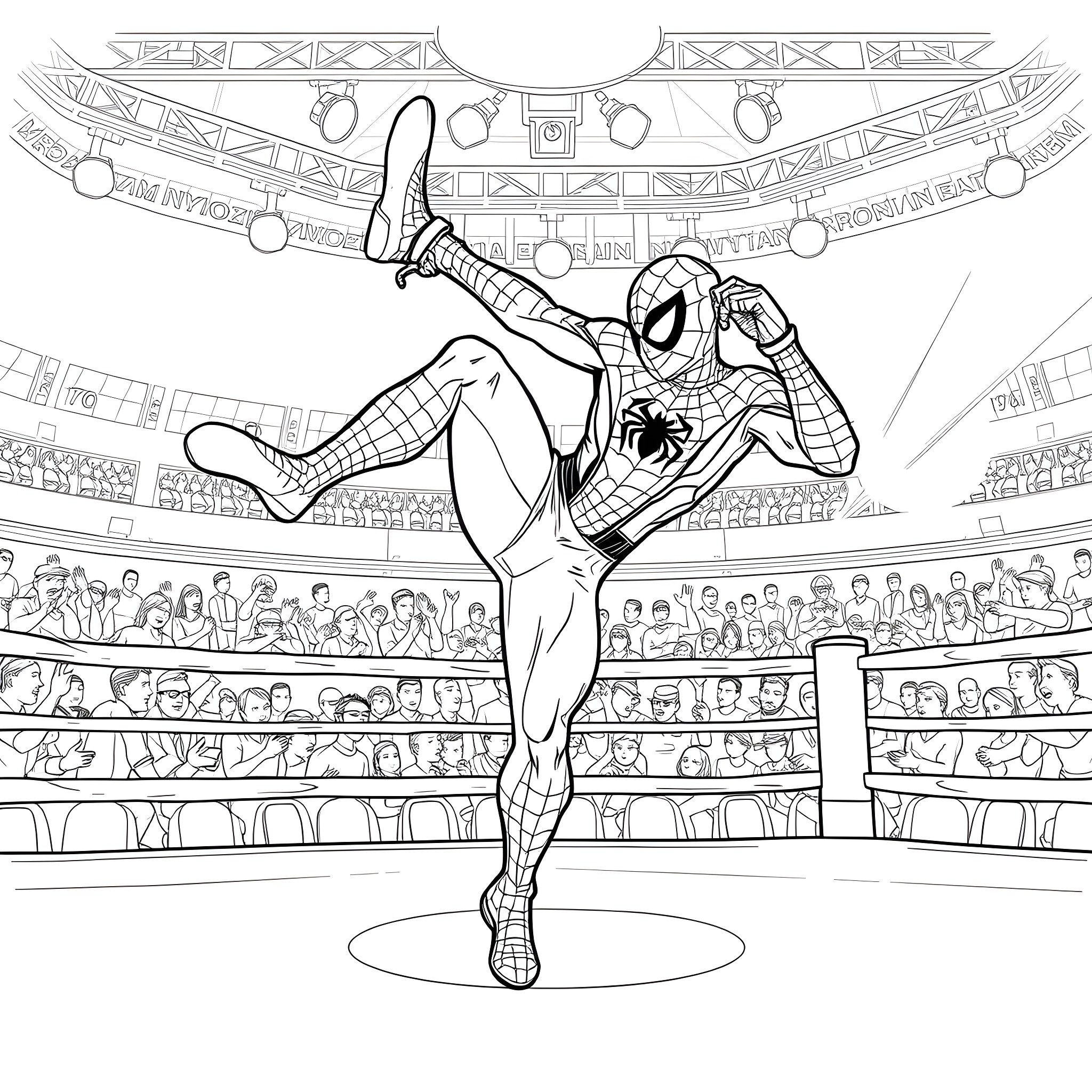 Spiderman's Heroic Leap in the Stadium Coloring Page (free black-and-white line drawing printable PDF for all, from beginners to advanced learners, including children, teens, adults, and seniors)
