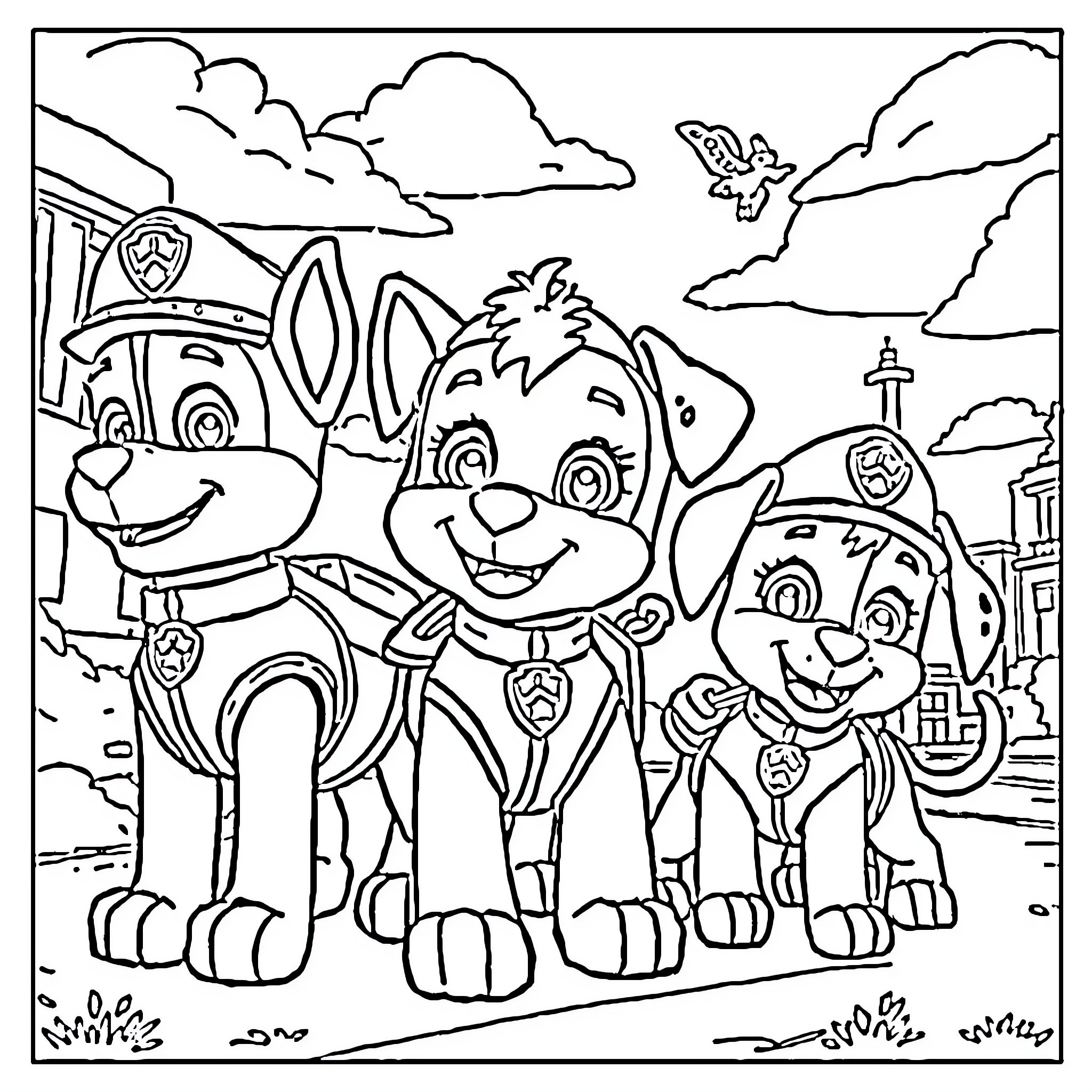 Paw Patrol Pups Helping in Their Uniforms Coloring Page (free black-and-white line drawing printable PDF for all, from beginners to advanced learners, including children, teens, adults, and seniors)