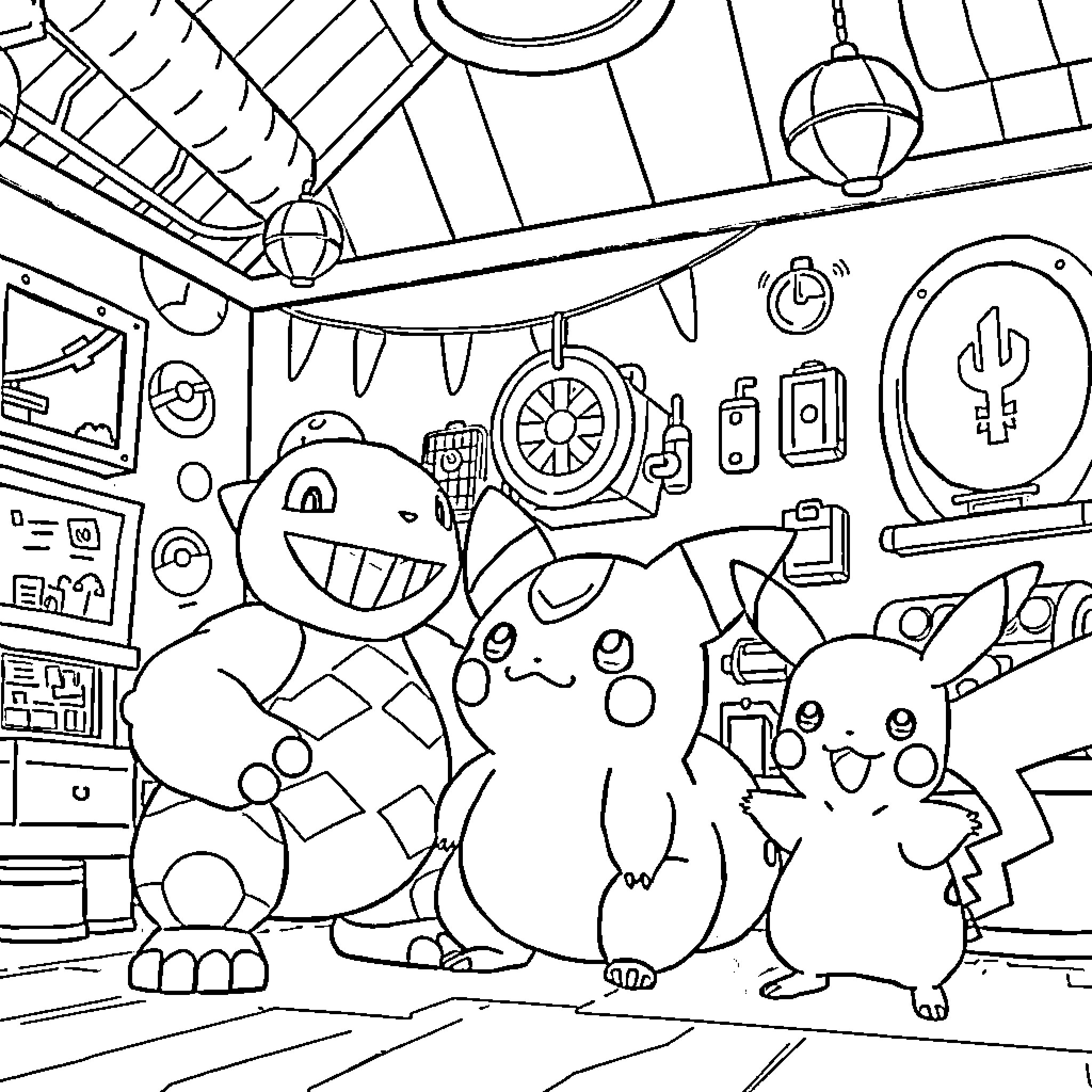 Pokémon characters exploring an inventive workspace Coloring Page (free black-and-white line drawing printable PDF for all, from beginners to advanced learners, including children, teens, adults, and seniors)