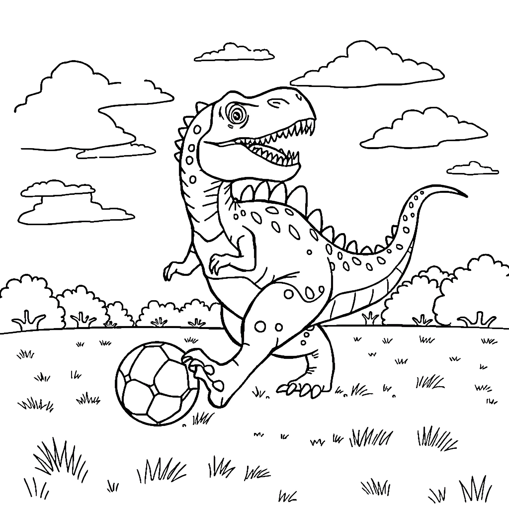 Dinosaur playing with a soccer ball in a grassy field Coloring Page (free black-and-white line drawing printable PDF for all, from beginners to advanced learners, including children, teens, adults, and seniors)