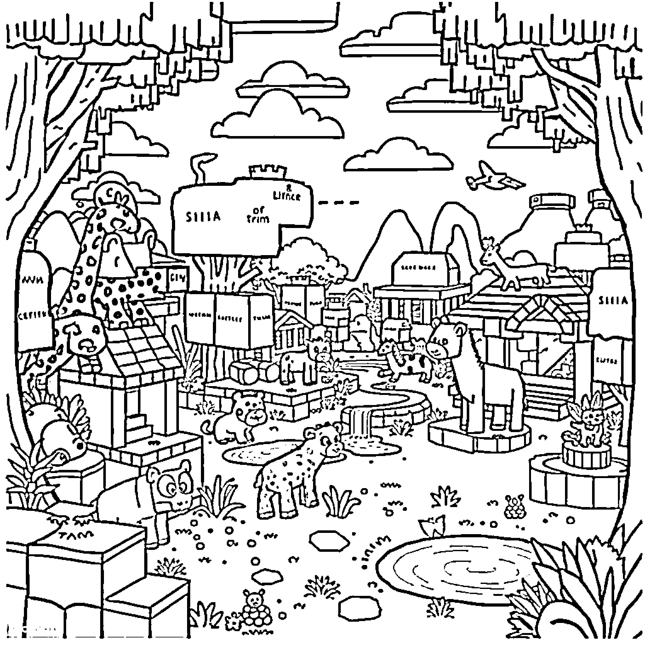 Minecraft Zoo with Quirky Creatures and Structures Coloring Page (free black-and-white line drawing printable PDF for all, from beginners to advanced learners, including children, teens, adults, and seniors)