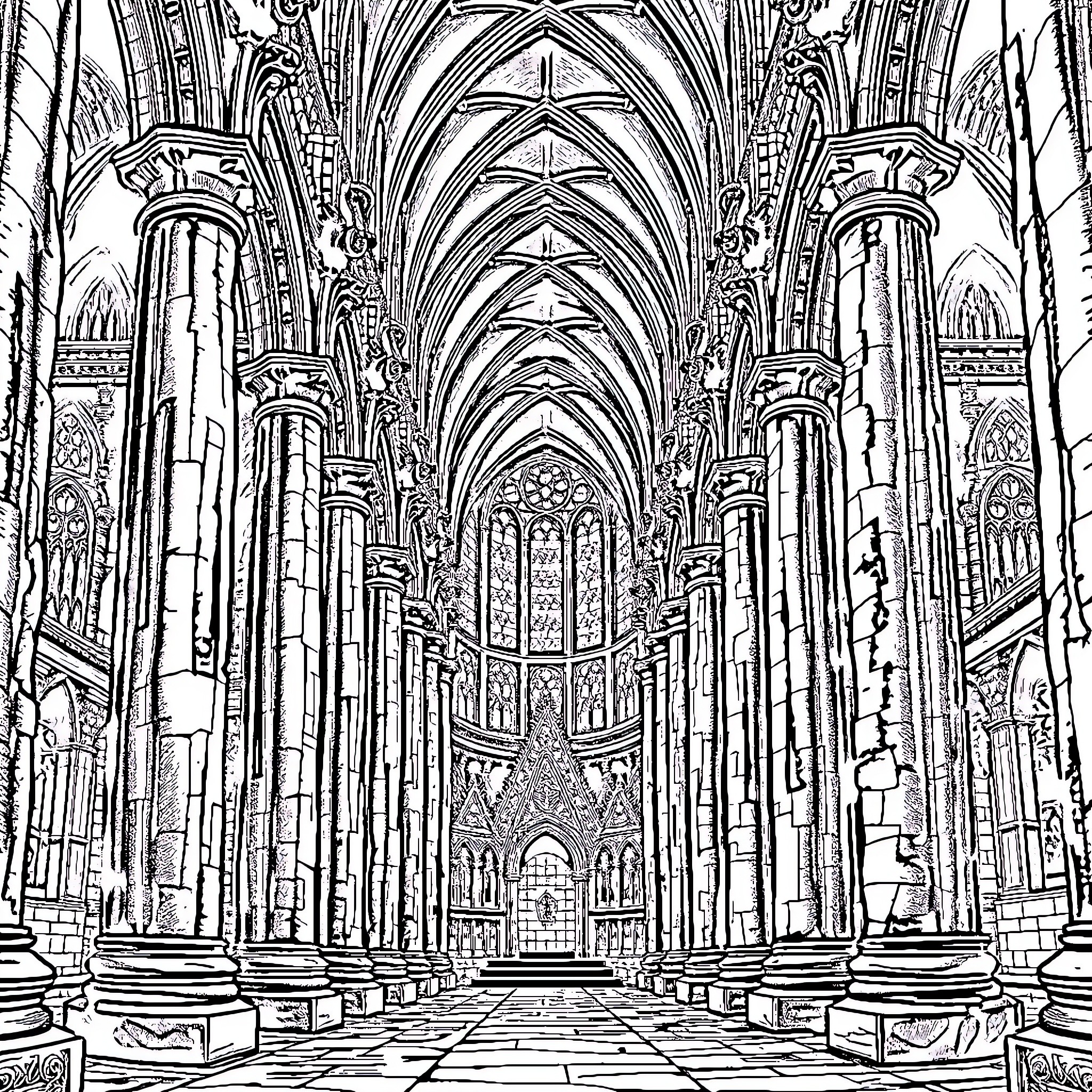 Cathedral of grand architectural design Coloring Page (free black-and-white line drawing printable PDF for all, from beginners to advanced learners, including children, teens, adults, and seniors)