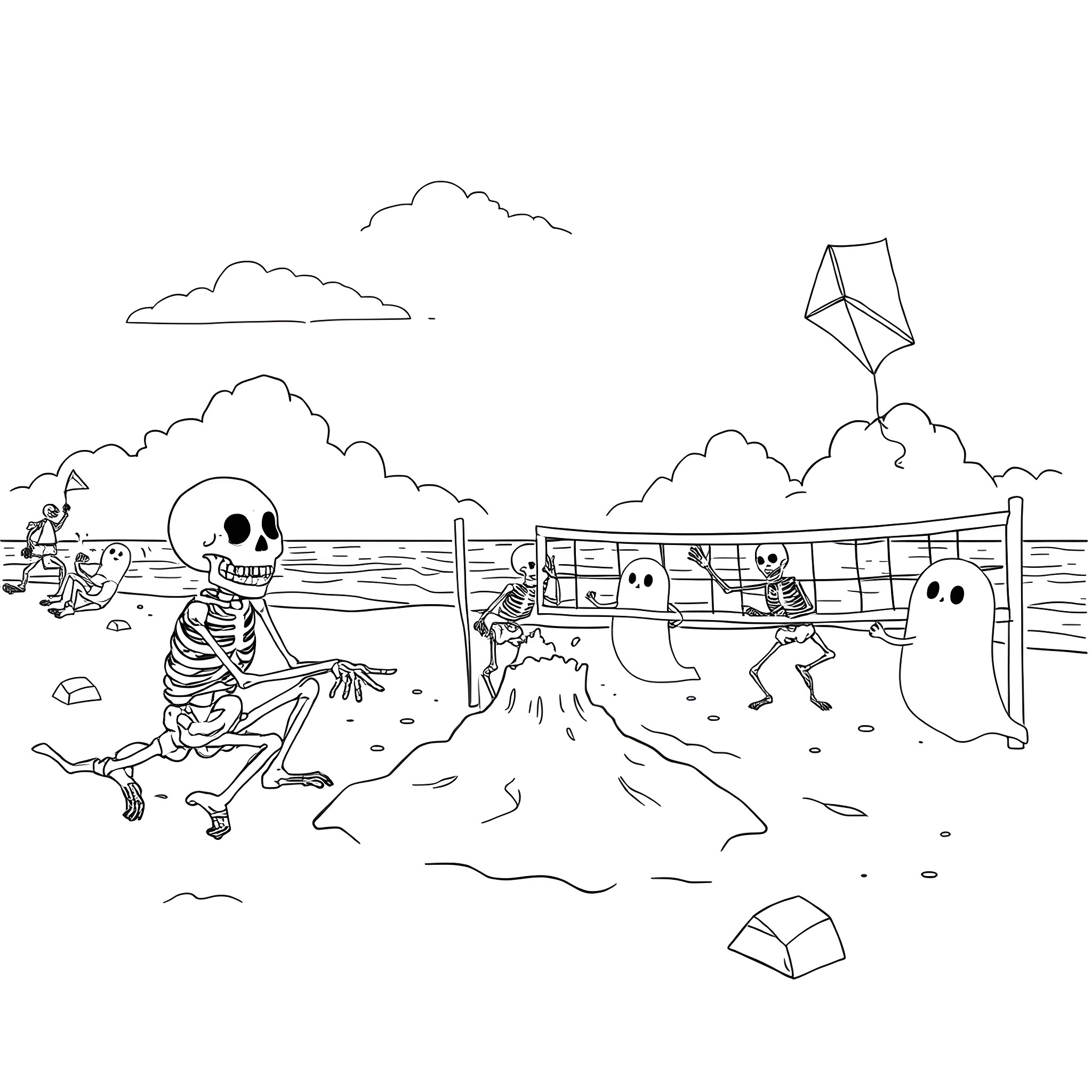 Skeleton figures playing on the beach Coloring Page (free black-and-white line drawing printable PDF for all, from beginners to advanced learners, including children, teens, adults, and seniors)