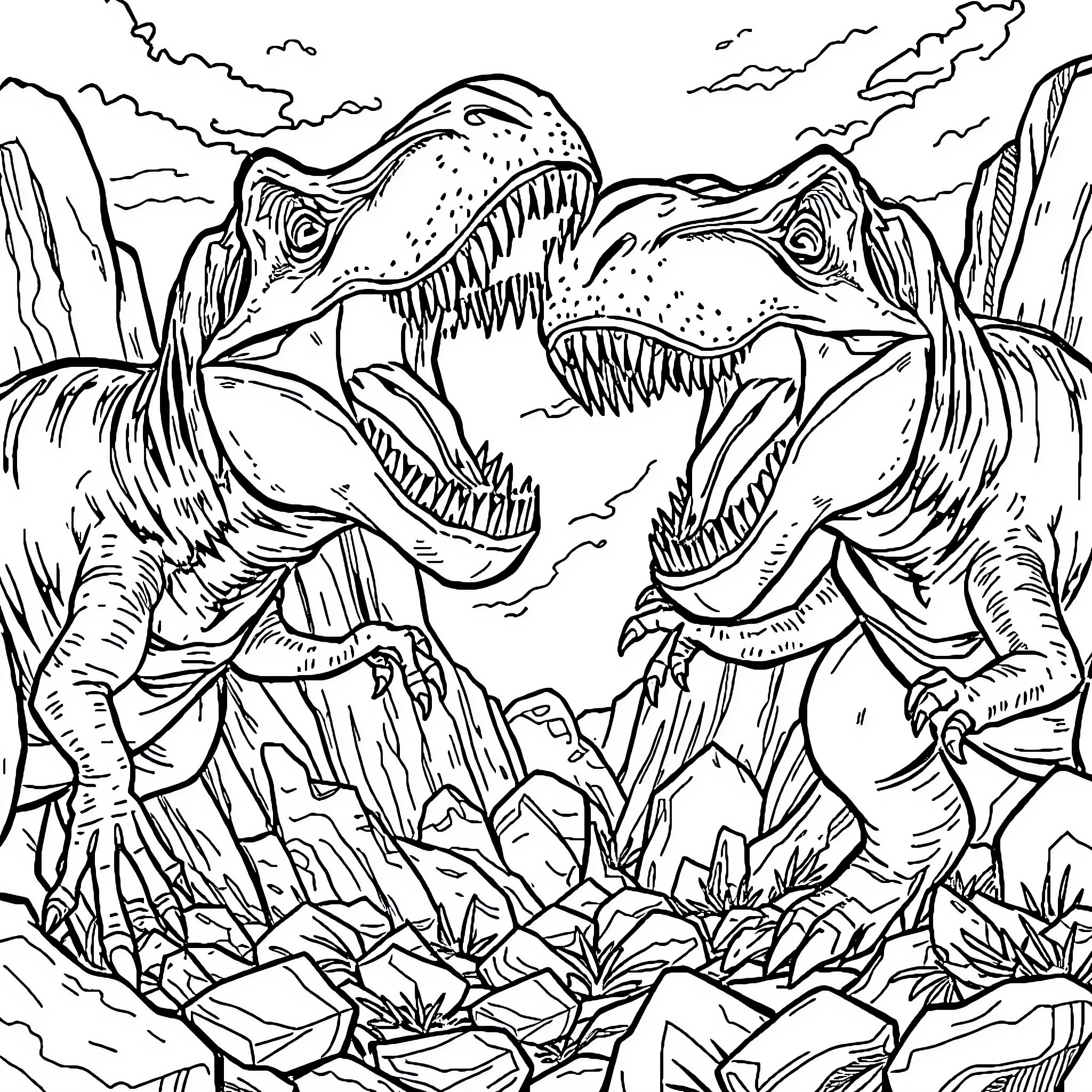 T-Rex Dinosaurs Ferociously Roaring in Prehistoric Landscape Coloring Page (free black-and-white line drawing printable PDF for all, from beginners to advanced learners, including children, teens, adults, and seniors)